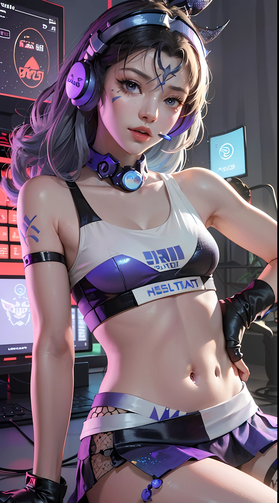 (((((7 avatar shot)))), Silver Wolf, Masterpiece, Best Quality, Ultra Detailed, Extremely Detailed 16k CG Wallpaper, Beautiful Face, (Silver Wolf in Esports Room), (Perfect Beautiful Curved Figure), Seated, Rainbow Color Jewel Eyes, Wearing Resin Hologram Sports Bra, Crop Top Drape, Mini Pleated Skirt, Bell Collar, Logo, Impotence, Contour Light, Concert, Neon Sign, Audio, Bell Collar, Esports Headset, Computer, Esports Room, Play Games, White Interior Through Red Skin, holographic projection, flat sphere, graffiti logo, highly detailed tattoo_,
Authoring information