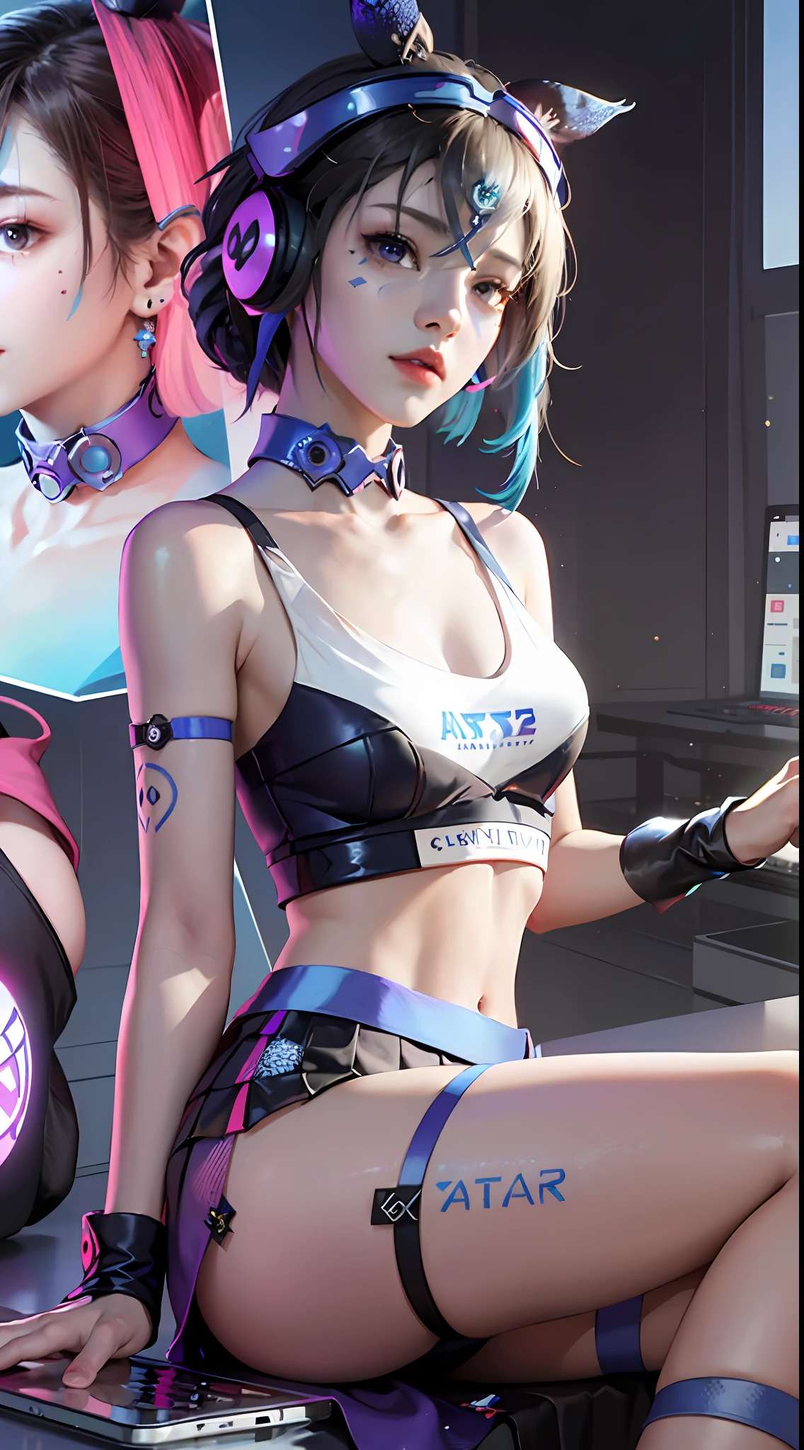 (((((7 avatar shot)))), Silver Wolf, Masterpiece, Best Quality, Ultra Detailed, Extremely Detailed 16k CG Wallpaper, Beautiful Face, (Silver Wolf in Esports Room), (Perfect Beautiful Curved Figure), Seated, Rainbow Color Jewel Eyes, Wearing Resin Hologram Sports Bra, Crop Top Drape, Mini Pleated Skirt, Bell Collar, Logo, Impotence, Contour Light, Concert, Neon Sign, Audio, Bell Collar, Esports Headset, Computer, Esports Room, Play Games, White Interior Through Red Skin, holographic projection, flat sphere, graffiti logo, highly detailed tattoo_,
Authoring information