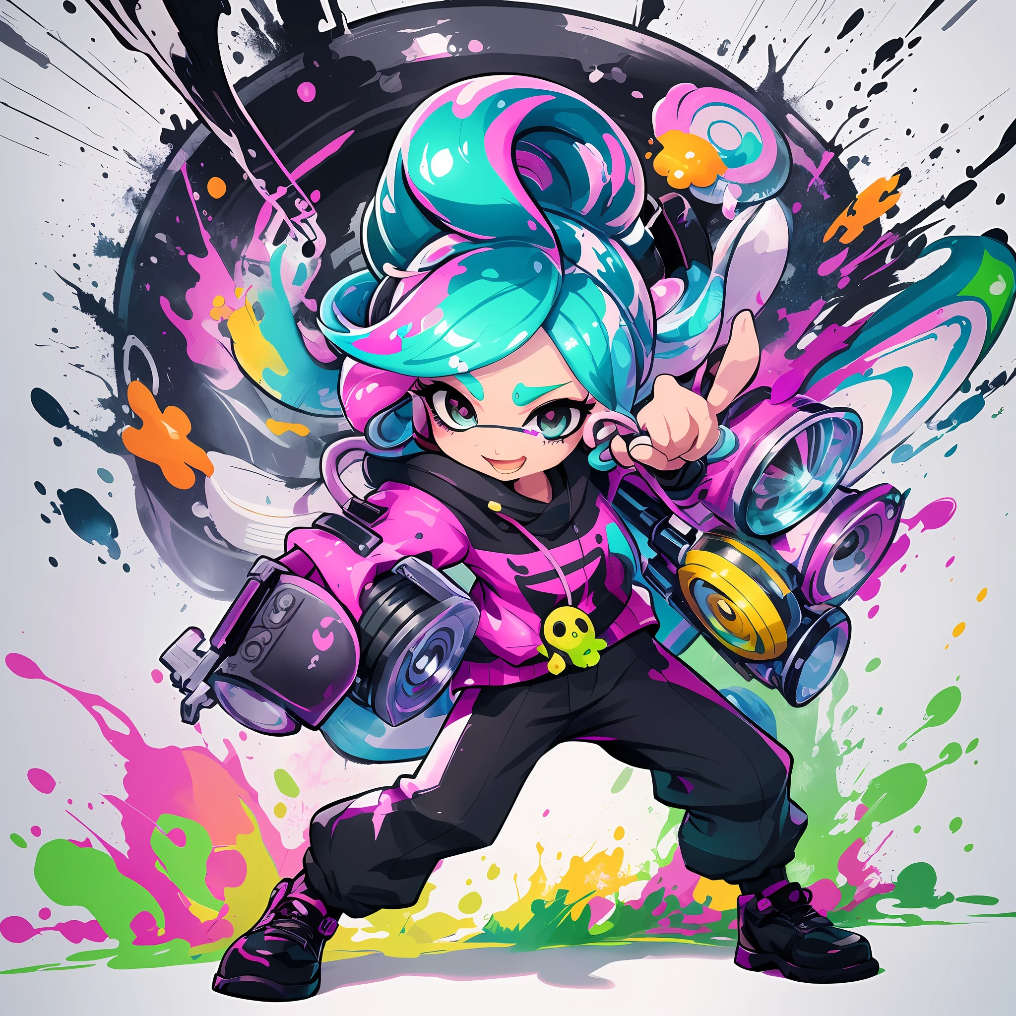Cartoon illustration of a girl with a gun and a splash of paint, with splatoon style, hq artwork, rossdraws cartoon vibrant, high detailed official artwork, hd artwork, Splatoon 3, Splatoon, splashcreen character art, fantastic artstyle, game art!!, splash art brawlstars, video game fanart, vibrant fan art, official artwork, Official Character Art