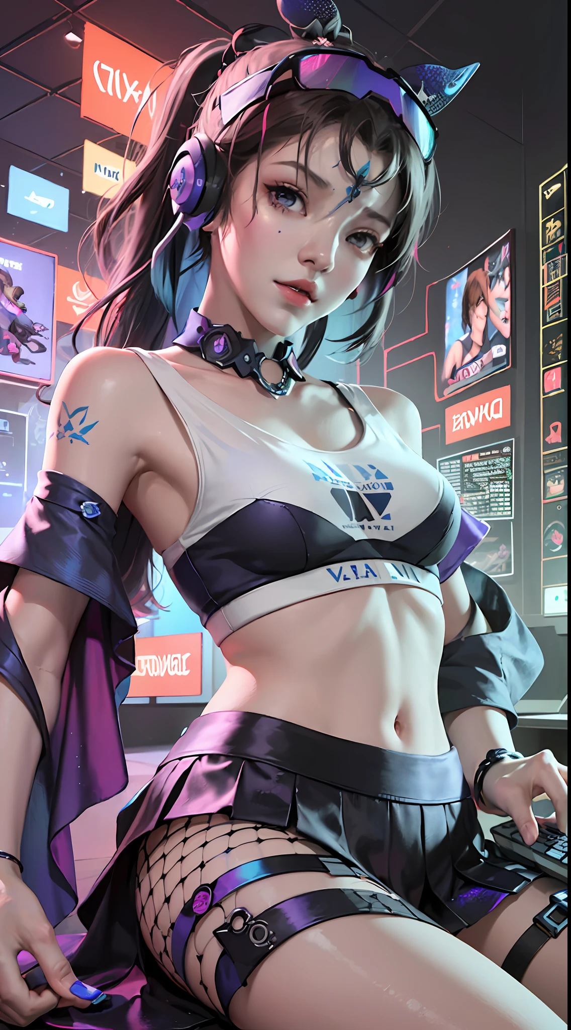 (((((7 avatar shot)))), Silver Wolf, Masterpiece, Best Quality, Ultra Detailed, Extremely Detailed 16k CG Wallpaper, Beautiful Face, (Silver Wolf in Esports Room), (Perfect Beautiful Curved Figure), Seated, Rainbow Color Jewel Eyes, Wearing Resin Hologram Sports Bra, Crop Top Drape, Mini Pleated Skirt, Bell Collar, Logo, Impotence, Contour Light, Concert, Neon Sign, Audio, Bell Collar, Esports Headset, Computer, Esports Room, Play Games, White Interior Through Red Skin, holographic projection, flat sphere, graffiti logo, highly detailed tattoo_,
Authoring information