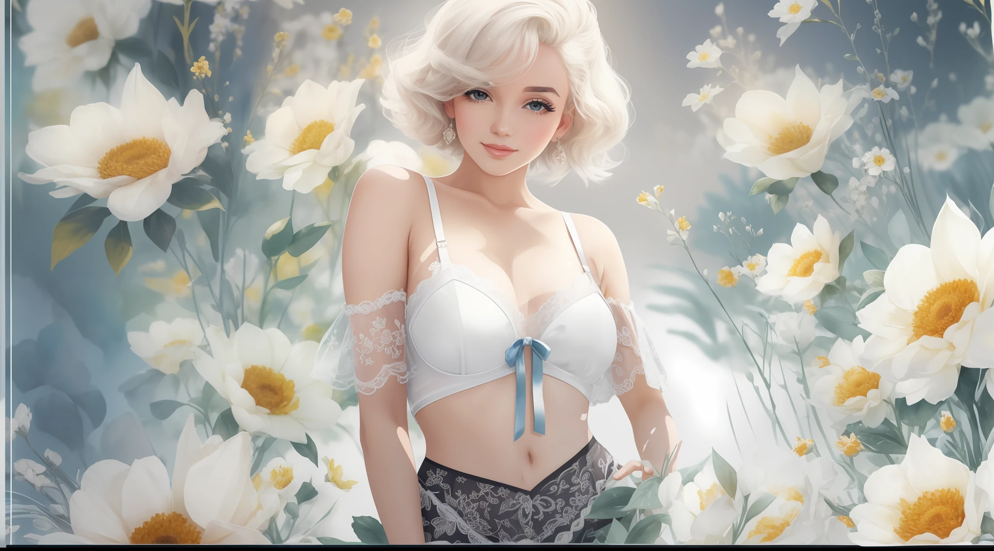 Marilyn Monroe stechu , posing on the groung , sexy lingerie, (white background:1.4), off shoulder, ((tachi-e)), original,(illustration:1.1),(best quality),(masterpiece:1.1),(extremely detailed CG unity 8k wallpaper:1.1), (colorful:0.9),(panorama shot:1.4),(solo:1.2), (ink splashing),(color splashing),((watercolor)), clear sharp focus,{ 1girl standing },,flower background, outdoors, lilyes, looking at viewer, make happy expressions,soft smile,pure,beautyfull detailed face and eyes,beautyfull intricacy clothing decorative pattern details, black hair,black eyes,colorwater