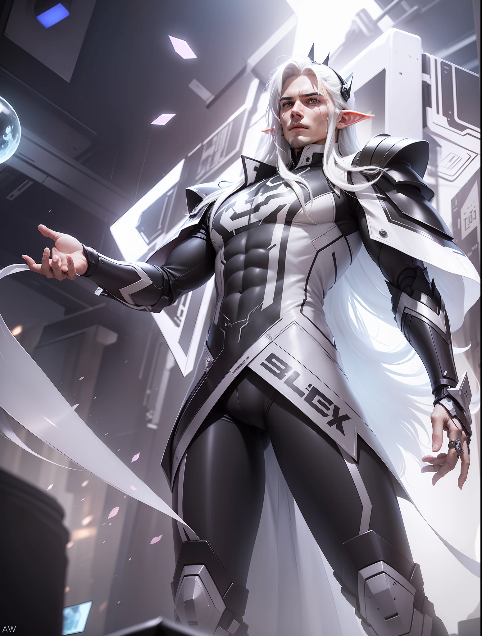 Raw photo, 1 Man, estes blacklist international's skin from MLBB, white long hair, elf, proposional body, Robot suit, black & white, realistic, 8K quality, super detail