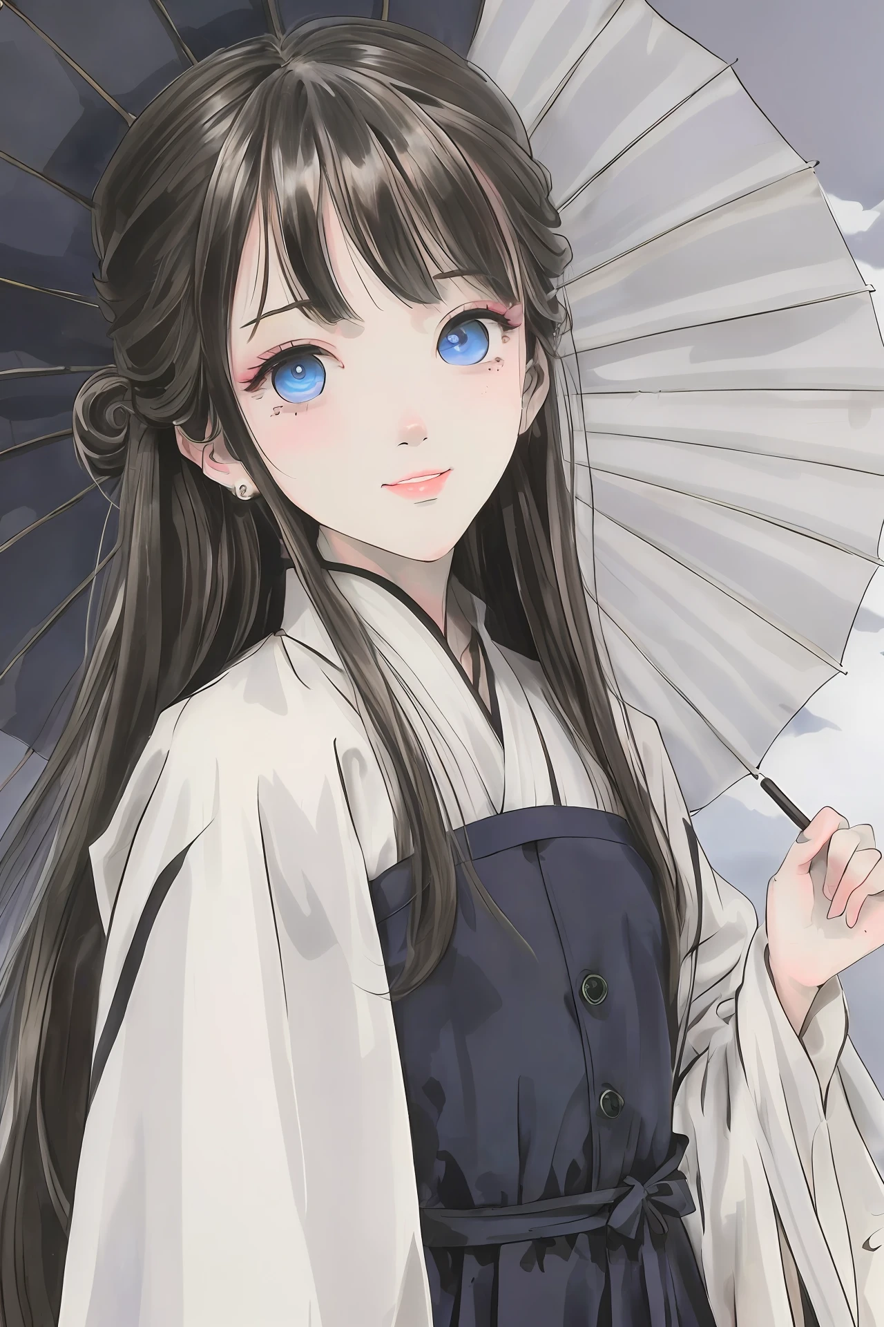 During the Tang Dynasty，In a dimly lit alley，A man with handsome facial features，Holding an oil-paper umbrella，Long black hair untied，Azure eyes stared straight ahead，Ruddy lips, plain white clothes，Neatly dressed，The smile is weird，The foxtail looms behind him