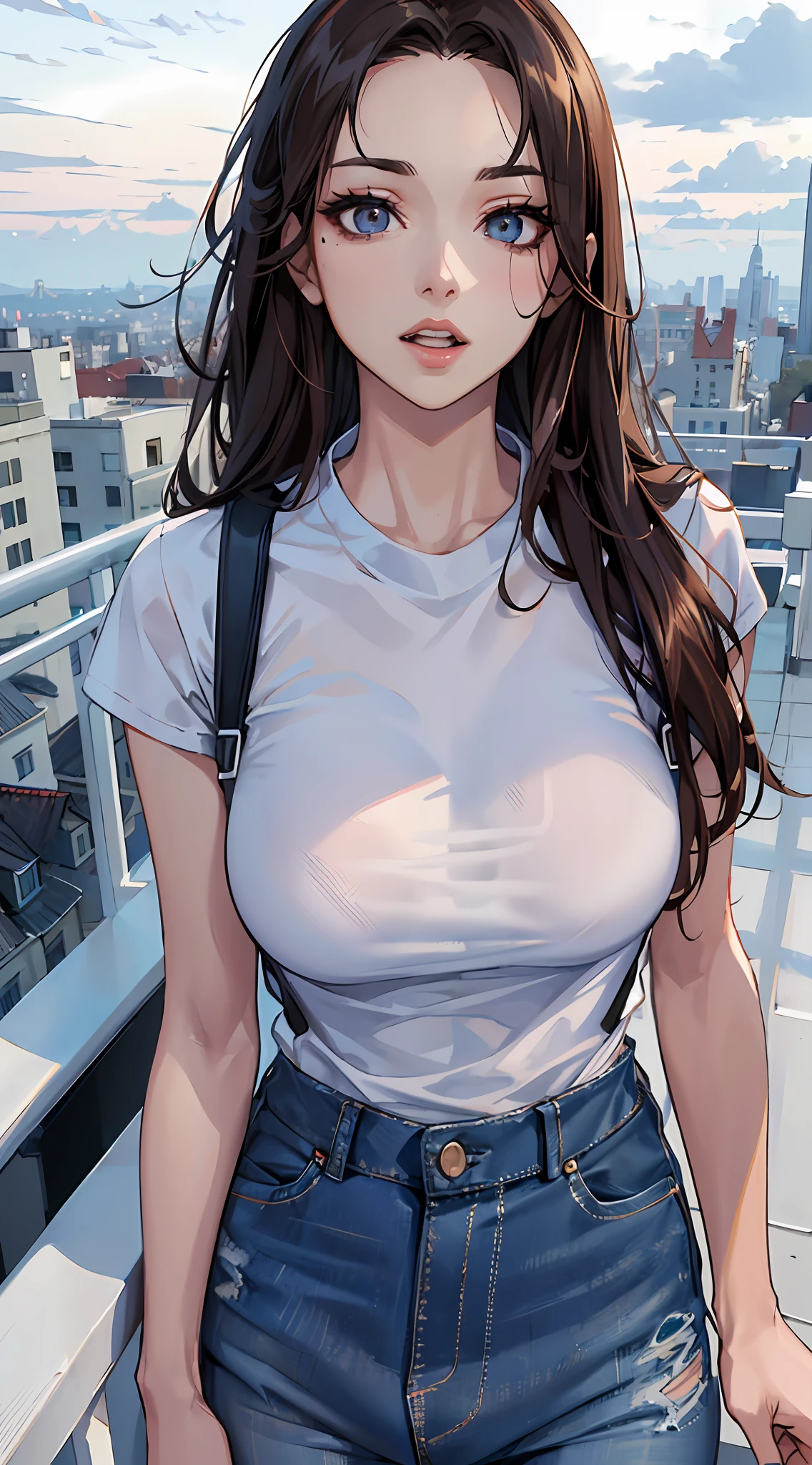 ((Midnight, Best quality, 8k, Masterpiece :1.3)), Whole body, Long legs, Sharp focus :1.2, A pretty woman with perfect figure :1.4, Slender abs :1.1, ((Dark brown hair, Big breasts :1.2)), (White tight tshirt, Jean bib, Standing:1.2), ((Night city view, Rooftop:1.3)), Highly detailed face and skin texture, Detailed eyes, Double eyelid