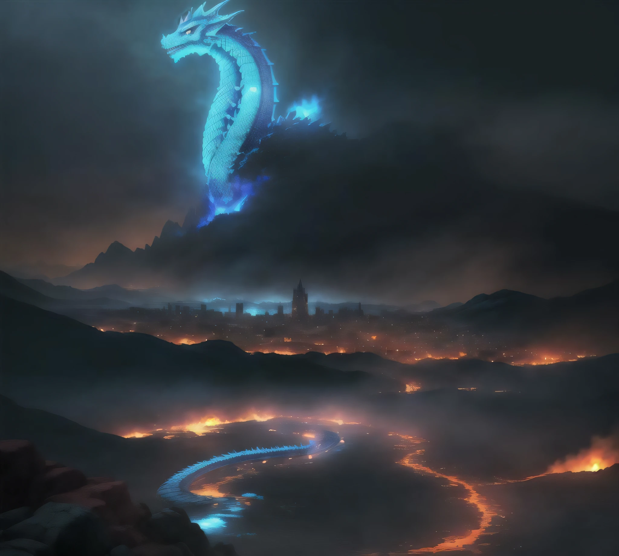 ((Dragon)), lindworm, the city is on fire, blue fire element, plasma, Large-scale, Realistic, (photorealistic:1.1), highly detailed, high quality textures, hyperrealistic, soft shadows, RTX, quality lighting, ((cinematic look)), light reflections, atmosphere, dimmed colors, dark shot, muted colors,