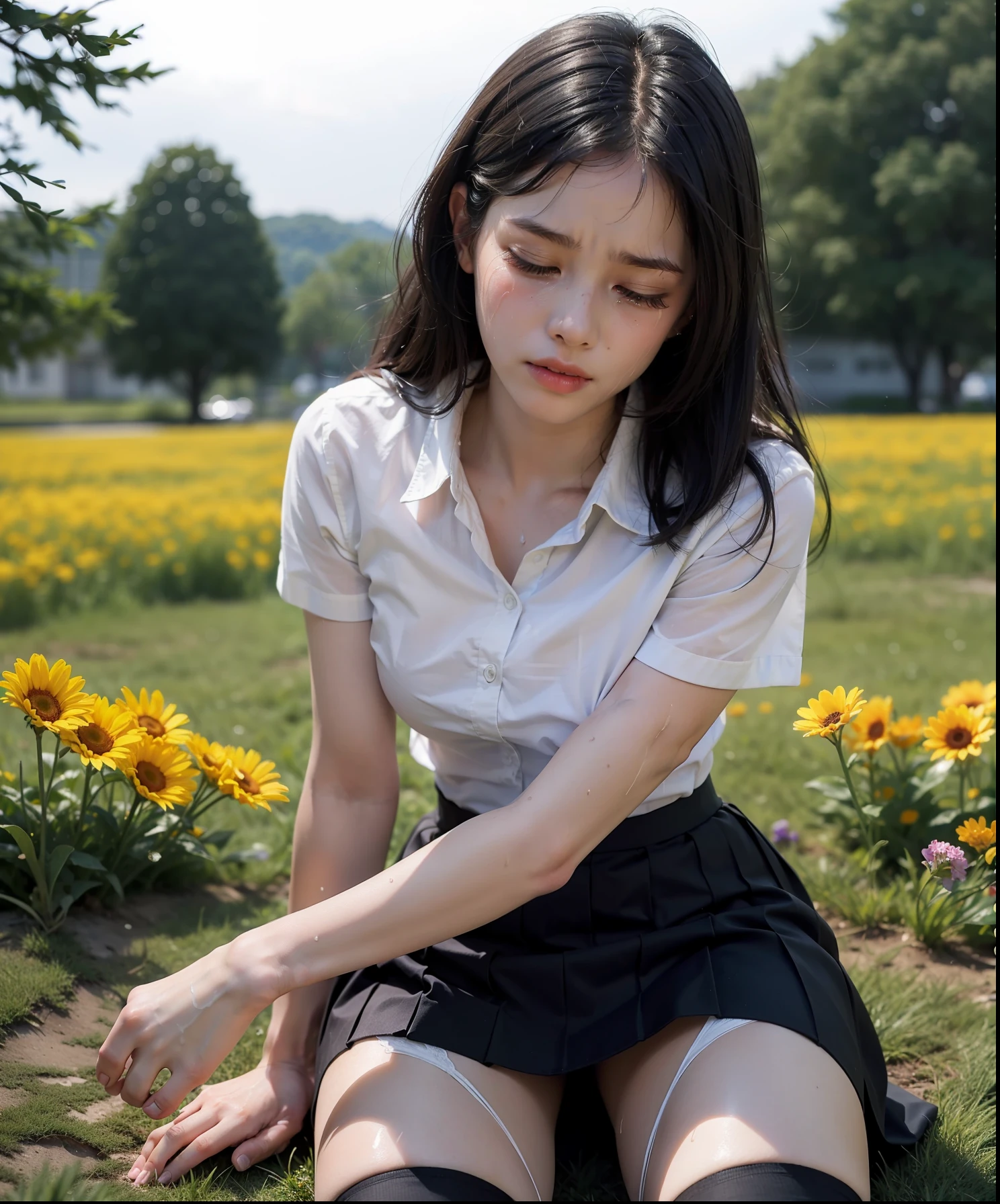 a RAW photo of girl, (masterpiece:1.4), best quality, ultra high res, high detailed, (photorealistic:1.4), face detail, detailed eyes, detailed face, 1girl, (full body), ((14 yo girl)), (white skin:1.3), pink lips, ((tears. sad face. crying)), (closed eyes), (sweaty:1.3), (school uniform), (short skirt), (thighs black stocking), (medium black hair), ((improper sitting at grass. At flower fields)), sunny weather, ((crotch visible)), (tired), (medium breast:1.3), focus on viewers, glowing light, Surrealism, feet out of frame, ((from below)), ((front view)), (textured skin), caustics, f/16, Nikon, 135mm, UHD, retina, super detail, best quality, 8k