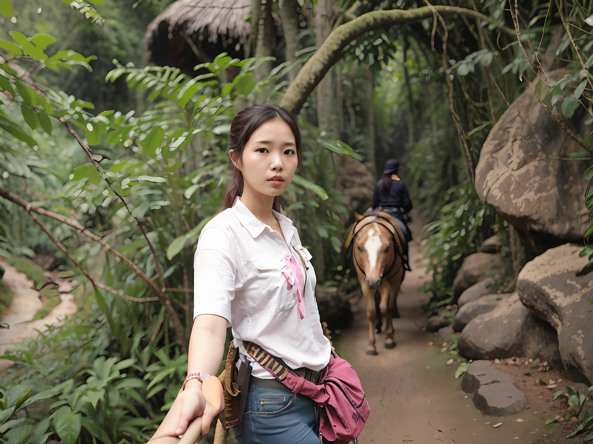 There was a woman standing on the path with a horse, in jungle, girl walking in a canyon, in jungle forest peak, dang my linh, 🤬 🤮 💕 🎀, standing close to waterfall, in jungle, 3 0 years old woman, 30 year-old woman, in a jungle environment, in jungle forest !!!, in the middle of nature