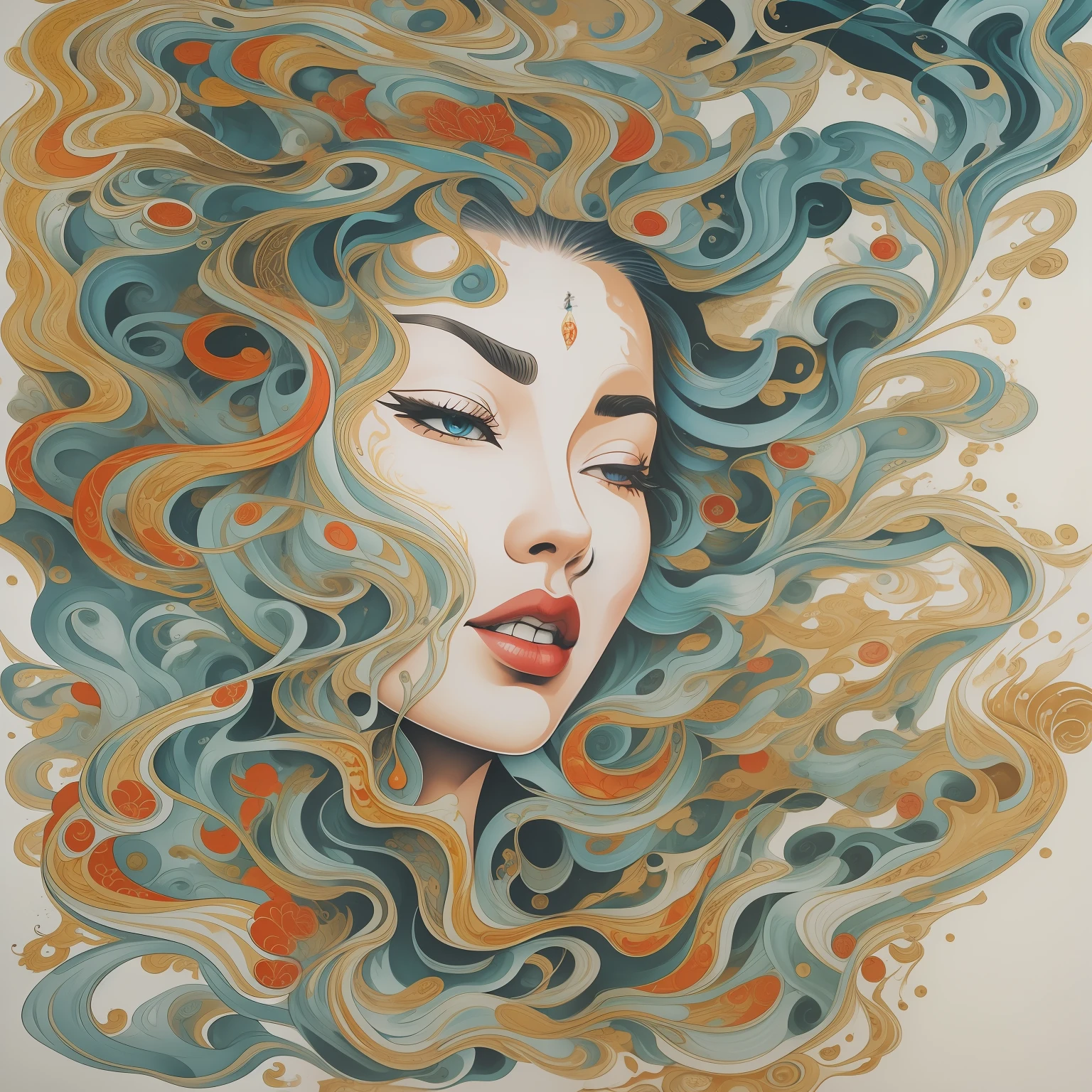The head of a beautiful woman, ridicules funny village style, a stunningly detailed fluid gouache painting, incorporating ink flow, calligraphy, acrylic, Chinese ink, and color art