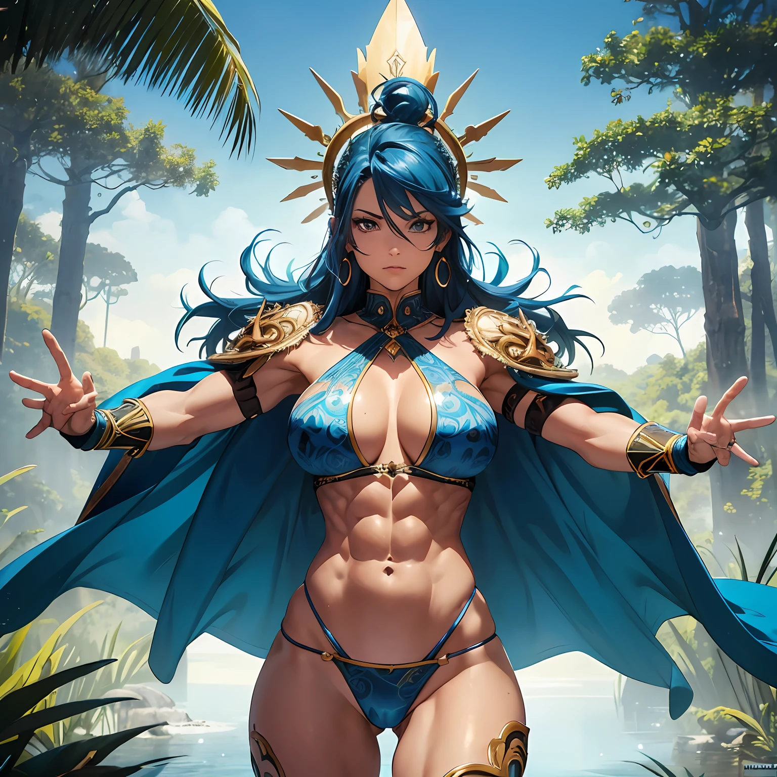 perfect hands, nice hands, kug, full body view, (completely :1.6), blue hair, mohawk, earrings, (immaculate skin, clean skin:1.3), bikini tan, tanlines, divine body, extremely beautiful, forest, jungle, symmetrical iron bracers, shoulder armor, wearing a leopard fur cape, (masterpiece, best quality, insanely detailed, beautiful detailed face, intricate details), cg, wallpaper, hdr, high-definition, (athletic, amazon goddess, toned abs, muscular, fbb, broad shoulders:1.2), (gigantic breasts, puffy , big areola, perfect innie , cameltoe:1.1), sexy pose, hourglass body, wide hips, narrow waist, micro waist, dynamic angle, looking at viewer --auto