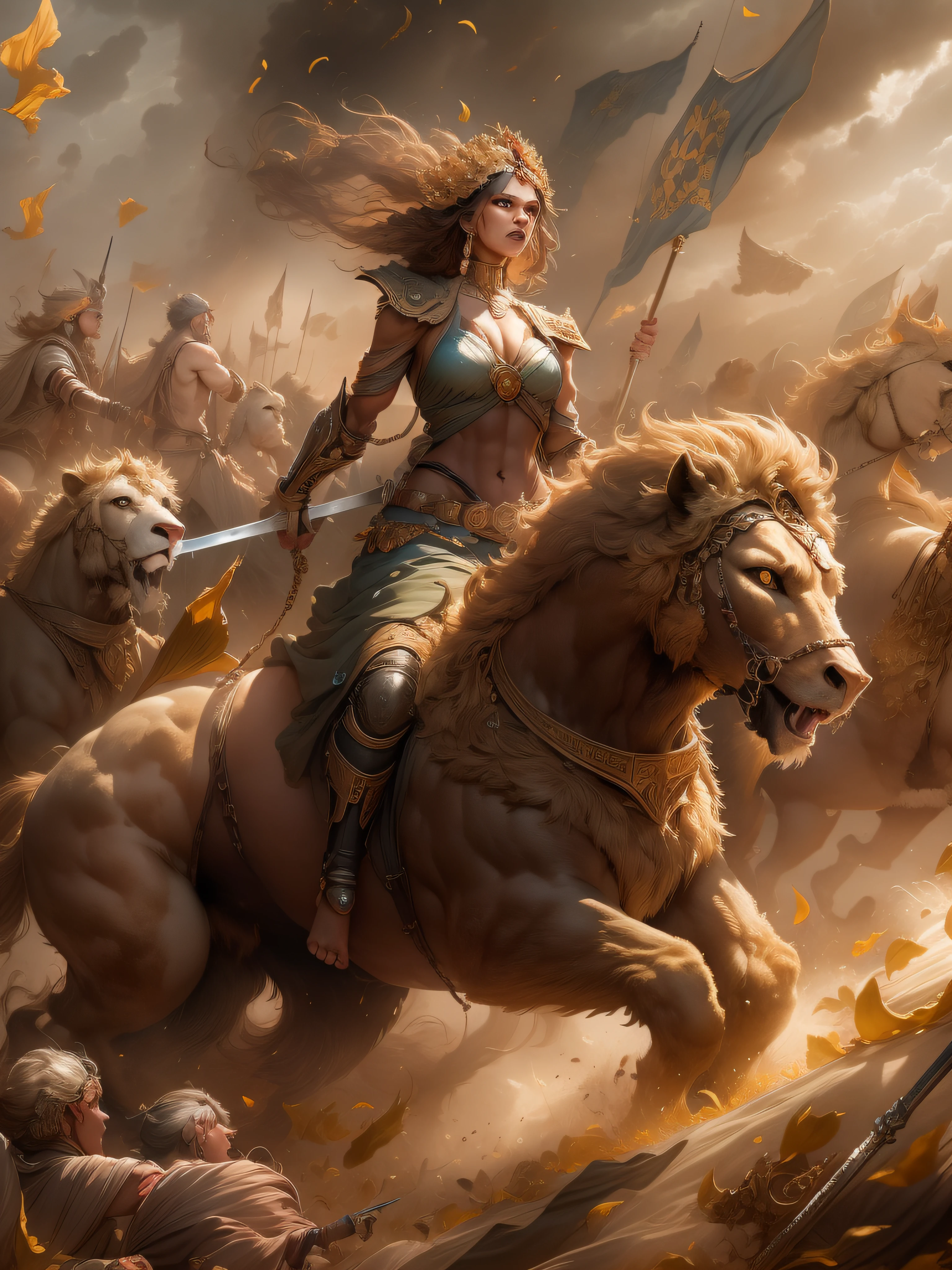 women Riding an giant lion, a mature female, many soldiers outside, male muscle, full body, stand, cinematic screen, ethereal, detailed, alluring succubus, ethereal beauty, perched on a cloud, (fantasy illustration:1.3), enchanting gaze, captivating pose, otherworldly charm, mystical sky, soft colors, (detailed cloudscape:1.3), (high-resolution:1.2), ((masterpiece)), (best quality), HDR, ((masterpiece)), (best quality), HDR, FEMME, Mirela Anton art Style, artistic, Soft color palette, windblown flowers, Sparkle, magical photography, Soft smooth lighting, Light background,[light smile], expressionless, On a vain this grand ancient battlefield, the ancient army engaged in intense combat with war chariots rushing forward and ancient warriors wielding swords and engaging in fierce battles. Blood splattered, weapons and armor were broken, and battle flags fluttered in the wind, symbolizing victory and glory. The war chariots charged forward, causing the ground to shake and metal sounds to ring out like thunder, stirring the enthusiasm of the warriors. The entire battlefield was filled with swords, blood, and flesh flying around. The warriors fought with all their might, exchanging their lives and blood for the victory of this war. The dust and smoke on the ground spread, and with each sword and explosion, the entire battlefield became even more majestic. However, the cost of the war was tragic, with countless soldiers falling on the battlefield, and their sacrifice was etched into the glorious history of the nation. hdr, (photorealism, masterpiece quality, best quality),