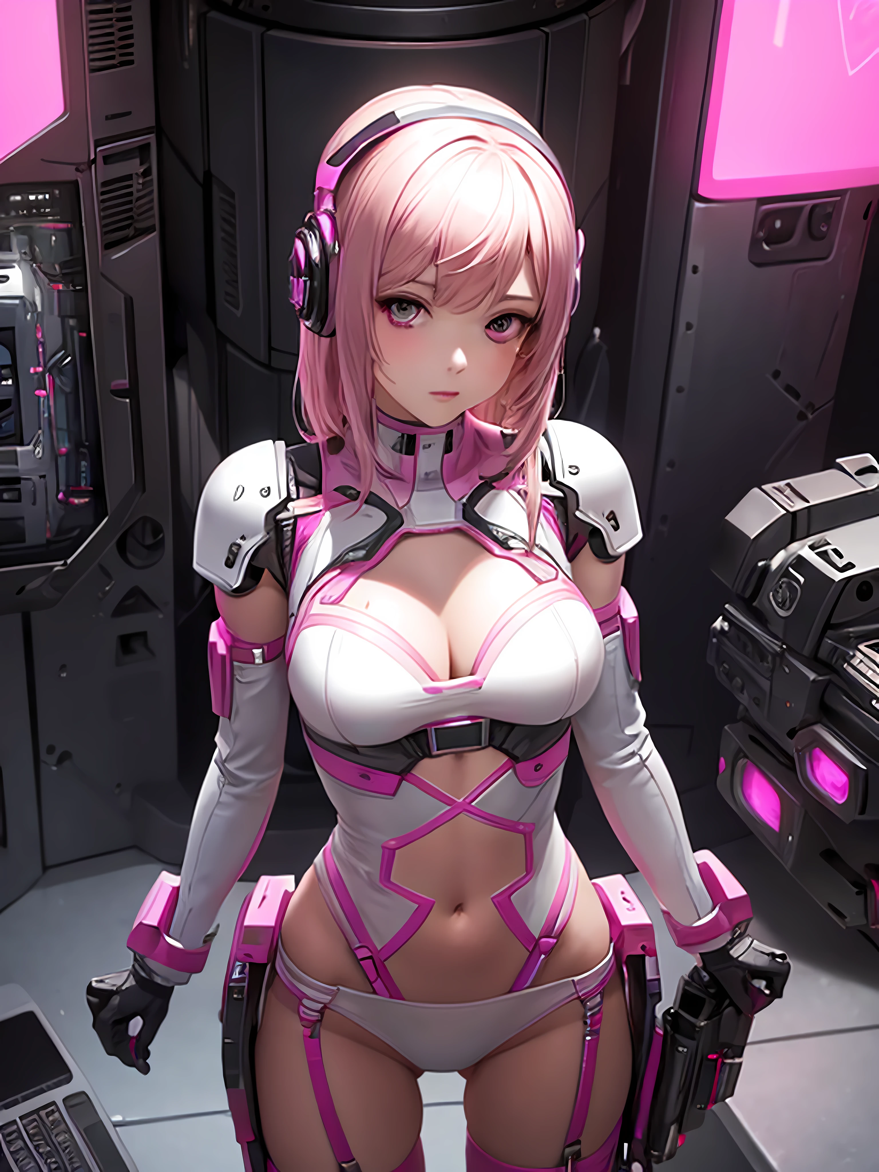 Slim Girls，Pink erotic lingerie，white  panties，droid，cyber punk style，（（Complicated details）），hdr，（（Complicated details，ultra - detailed）），Cinema lenses，vignet --auto