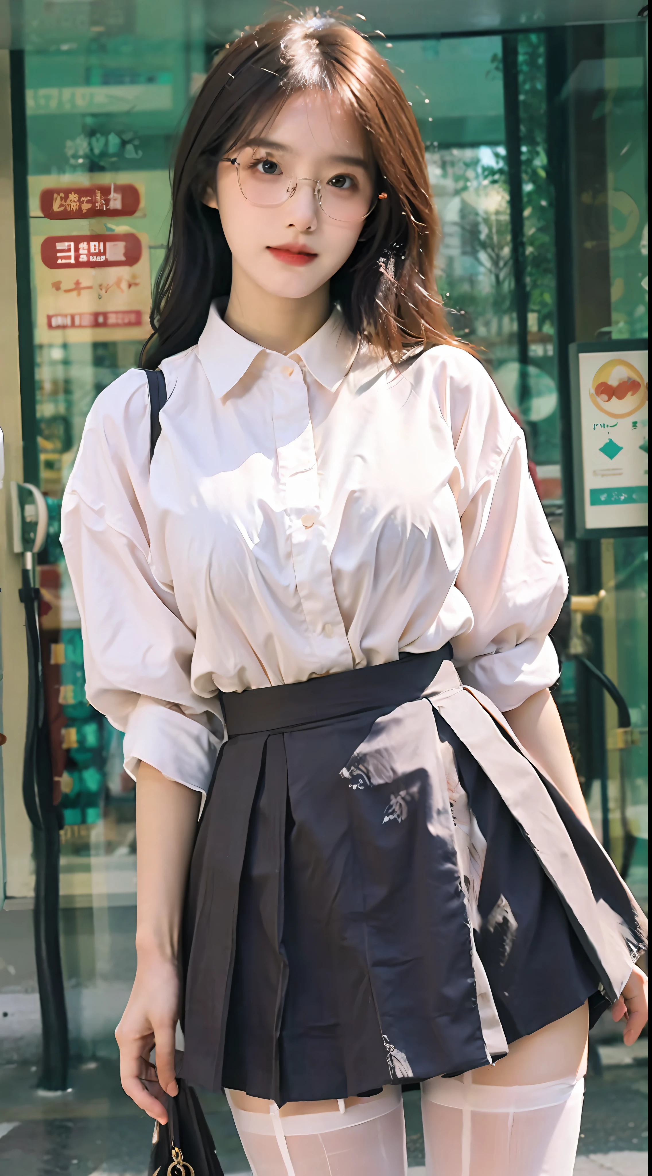 (best qualtiy,A high resolution,tmasterpiece:1.3),A tall and beautiful woman,Slender abs,Dark brown hair in loose wavy styling,nedium breasts,white button-down blouse,a black pleated skirt,(Modern architecture in background),The details in the facial and skin textures are beautifully rendered,Detailed eyes,二重まぶた ((White pantyhose)),(((Apricot skirt wrapped around hips))),White color blouse,eyes looking at the lens,Hands hidden behind white shirt White shirt (Apricot skirt wrapped around hips (Apricot hip apron super detailed, A high resolution, The is very detailed,best qualtiy,tmasterpiece, Wearing glasses