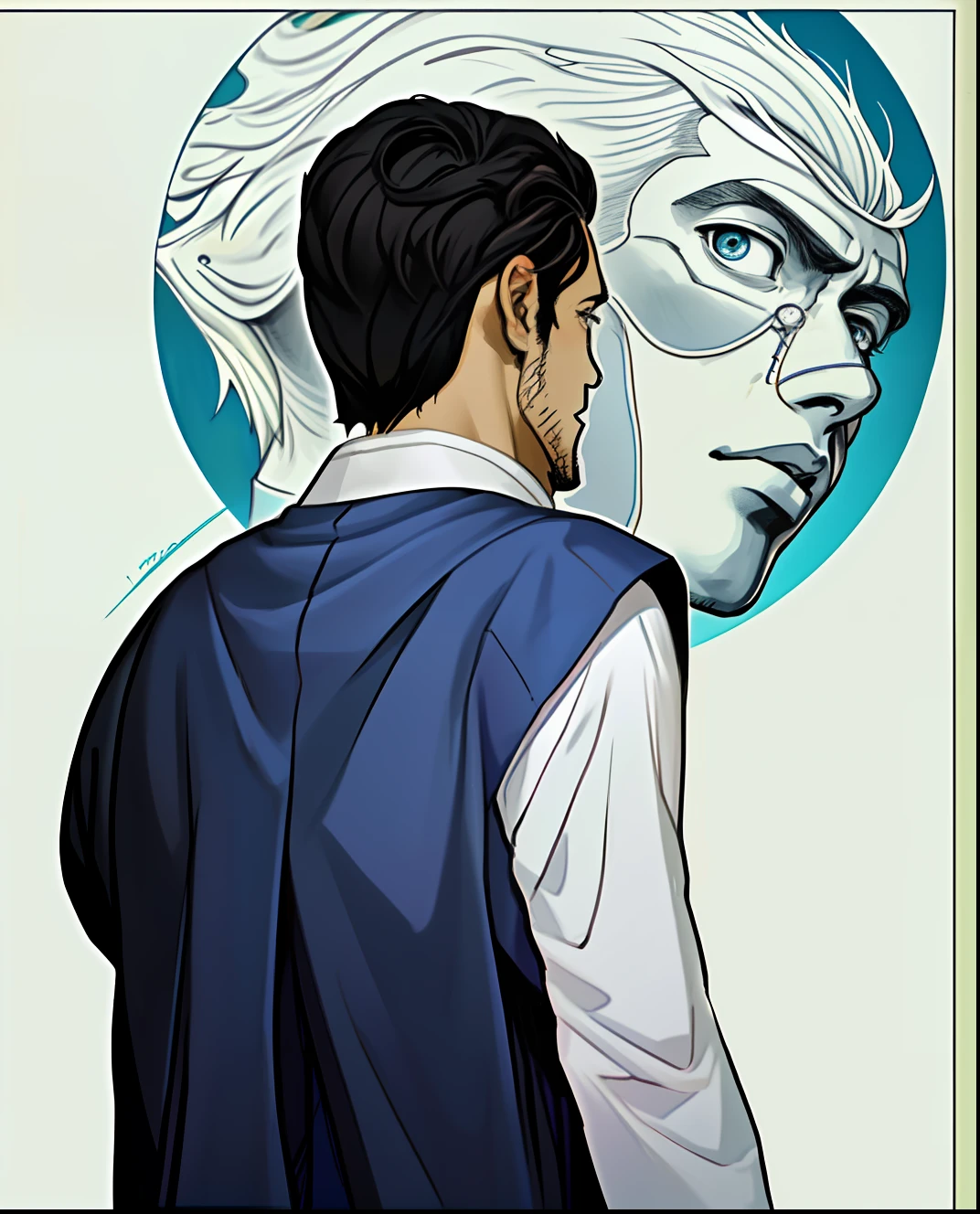 um desenho animado de um homem de terno de costas, Hideaki ano anime, kentaro miura manga art style, closeup estilo gesto pesado, kentaro miura manga style, No estilo de Sachin Teng, Markiplier, Desenhado no estilo de Mark Arian, com uma boca muito grande, rotoscopia, No estilo de Tony Start