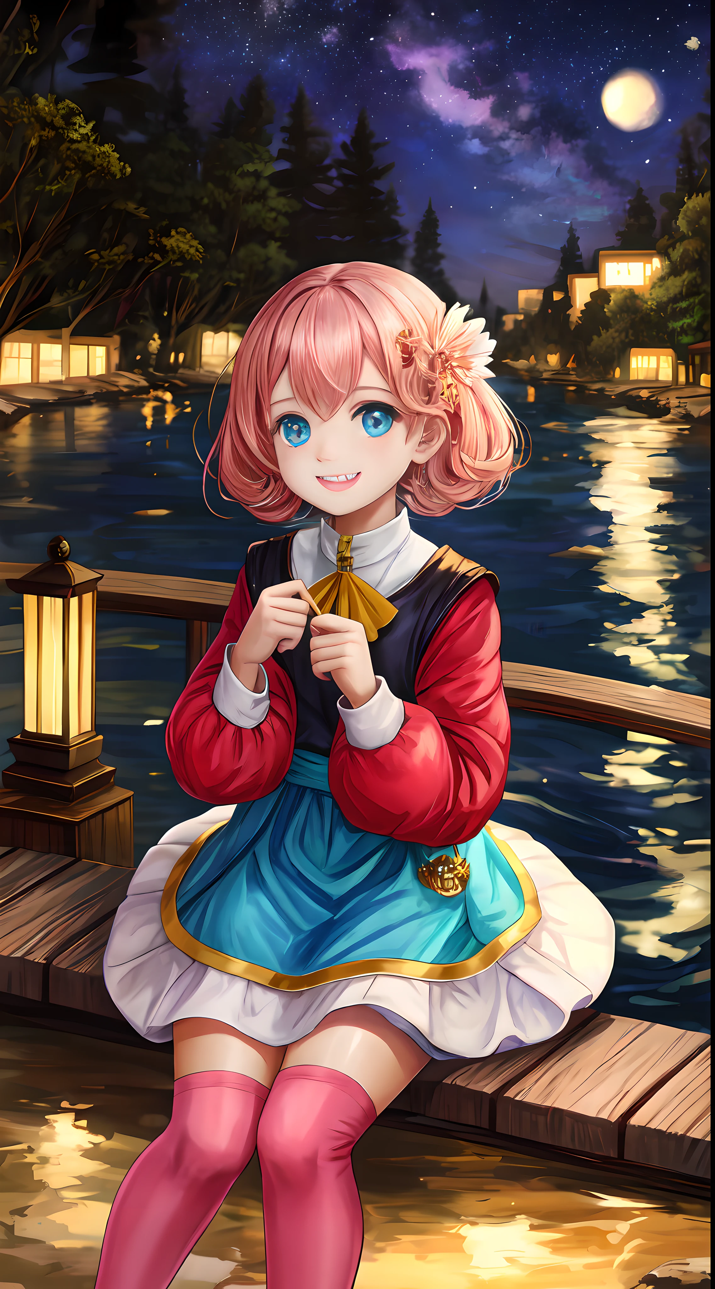Little girl sitting by the river watching the sunset,gentle and cute,Sweet smiling,Starry sky at night,meteors,cheerfulness,Rejoice,Perfect quality,Clear focus(Clutter - home:0.8), (tmasterpiece:1.2) (realisticlying:1.2) (Bokeh) (best qualtiy) (detailedskin:1.3) (complexdetails) (8K) (detailedeyes) (Sharp focus),(having fun)