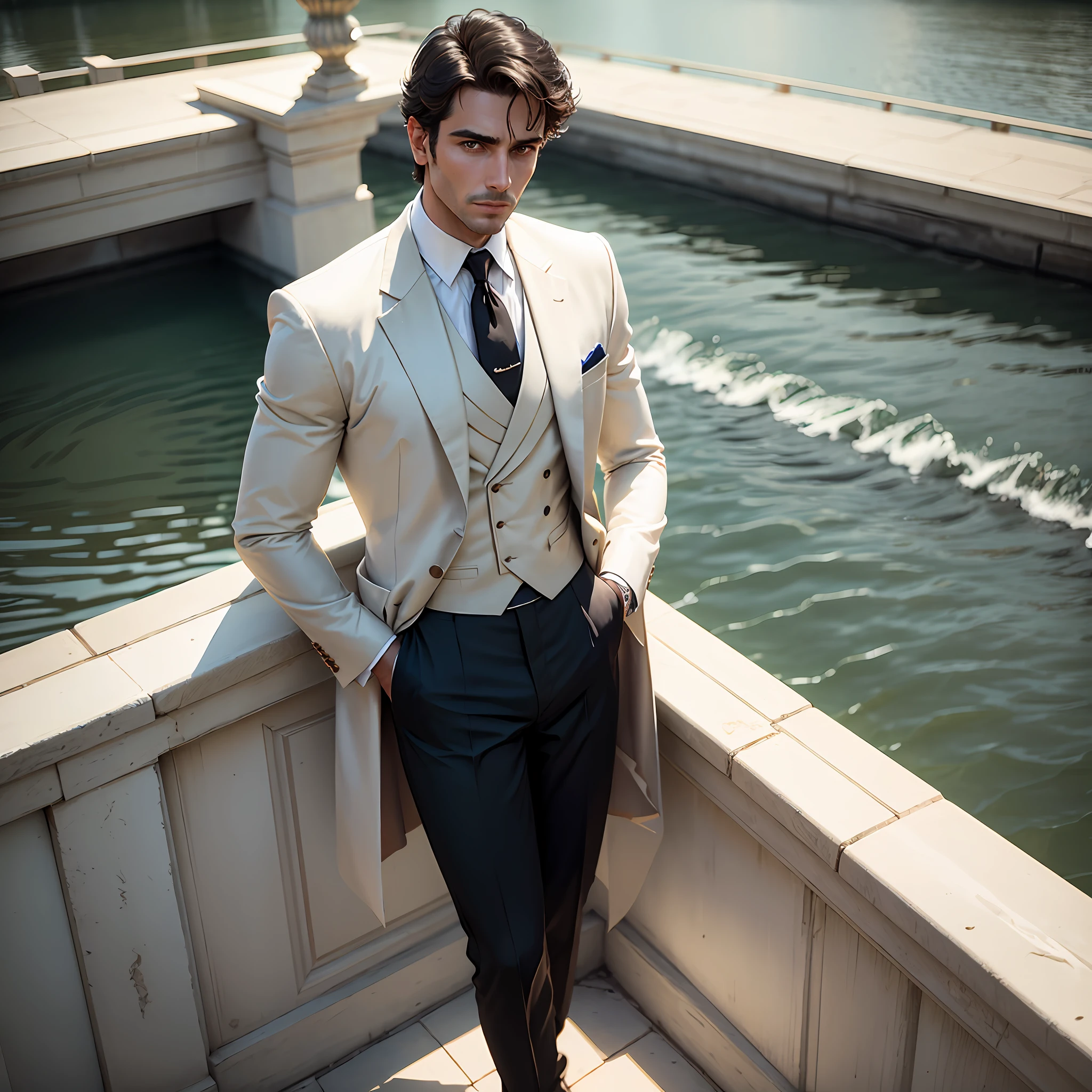 Alafed man in suit standing on balcony next to river, Tony Montana, Gonzalo Fuenmayor, gui guimaraes, Ignacio Rios, Ignacio Fernandez Rios, High quality film stills, Ignacio Fernandez Rios, doing an elegant pose, Ricardo Milos, Second Half 1 9 6 0 --auto