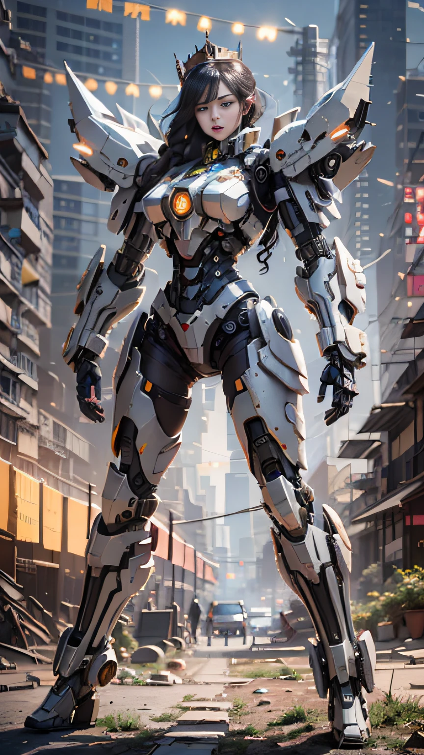 (Best Quality)), ((Masterpiece)), (Very Detailed: 1.3), 3D, Icaru valkirie-mecha, Beautiful cyberpunk woman wearing crown, with master chef style armor, sci-fi technology, HDR (High Dynamic Range), ray tracing, nvidia RTX, super resolution, unreal 5, subsurface scattering, PBR texture, post-processing, anisotropic filtering, depth of field, maximum sharpness and sharpness, multi-layer texture, Specular and albedo mapping, surface shading,  accurate simulation of light-material interactions, perfect proportions, octane rendering, duotone lighting, low ISO, white balance, rule of thirds, wide aperture, 8K RAW, high efficiency subpixels, subpixel convolution, light particles, light scattering, Tyndall effect, very sexy, full body, battle pose, black hair with braids,