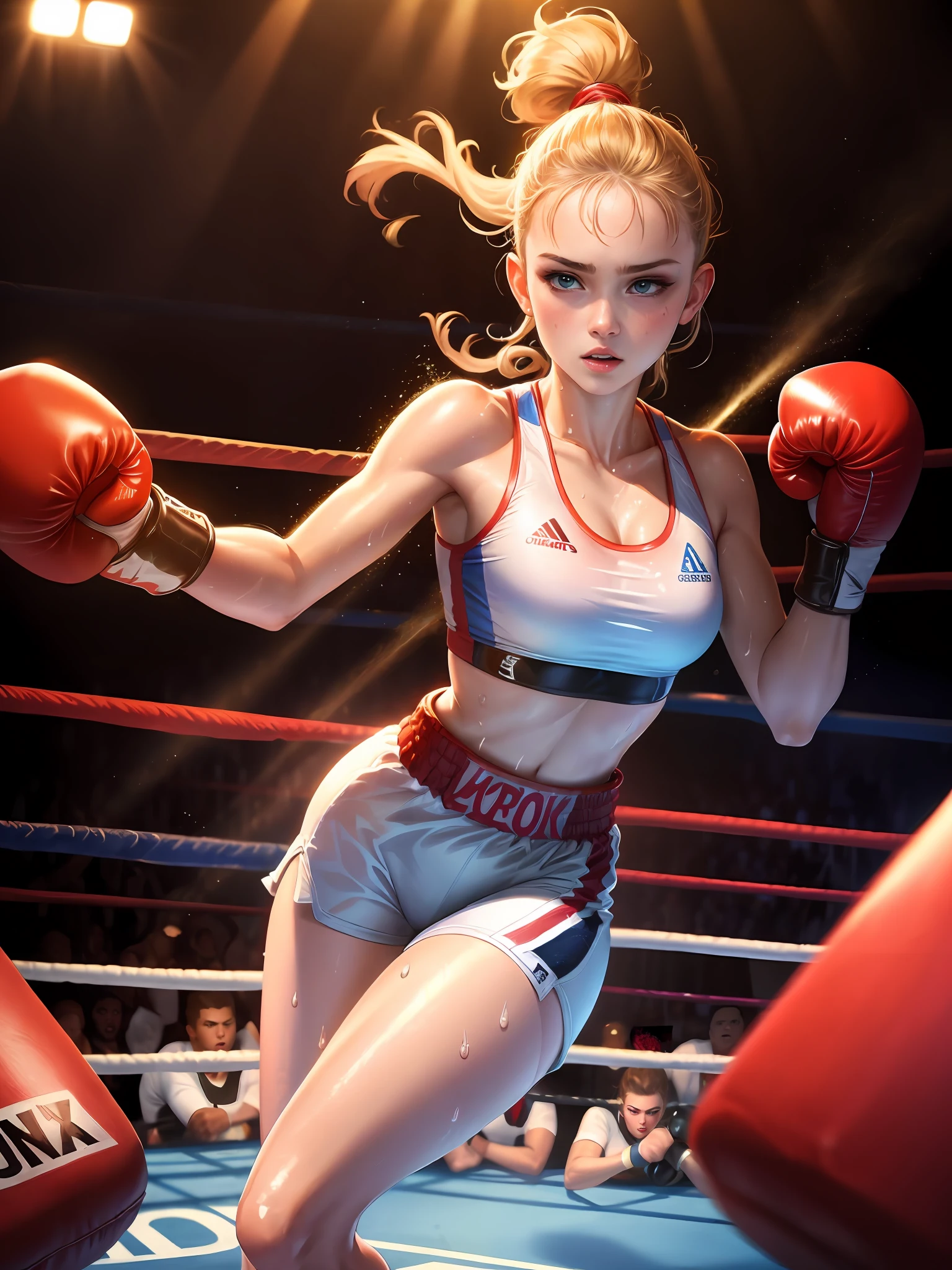 ((masterpiece)),((high resolution)), dramatic lighting,  sharp focus,  16k uhd,
super realistic illustlation,1beautiful girl,boxing uniform,teenage girl,small head ,large breasts,white shirts translucent,shiny skins,nice legs,wet skins sweat,in boxing venue,dynamic shot