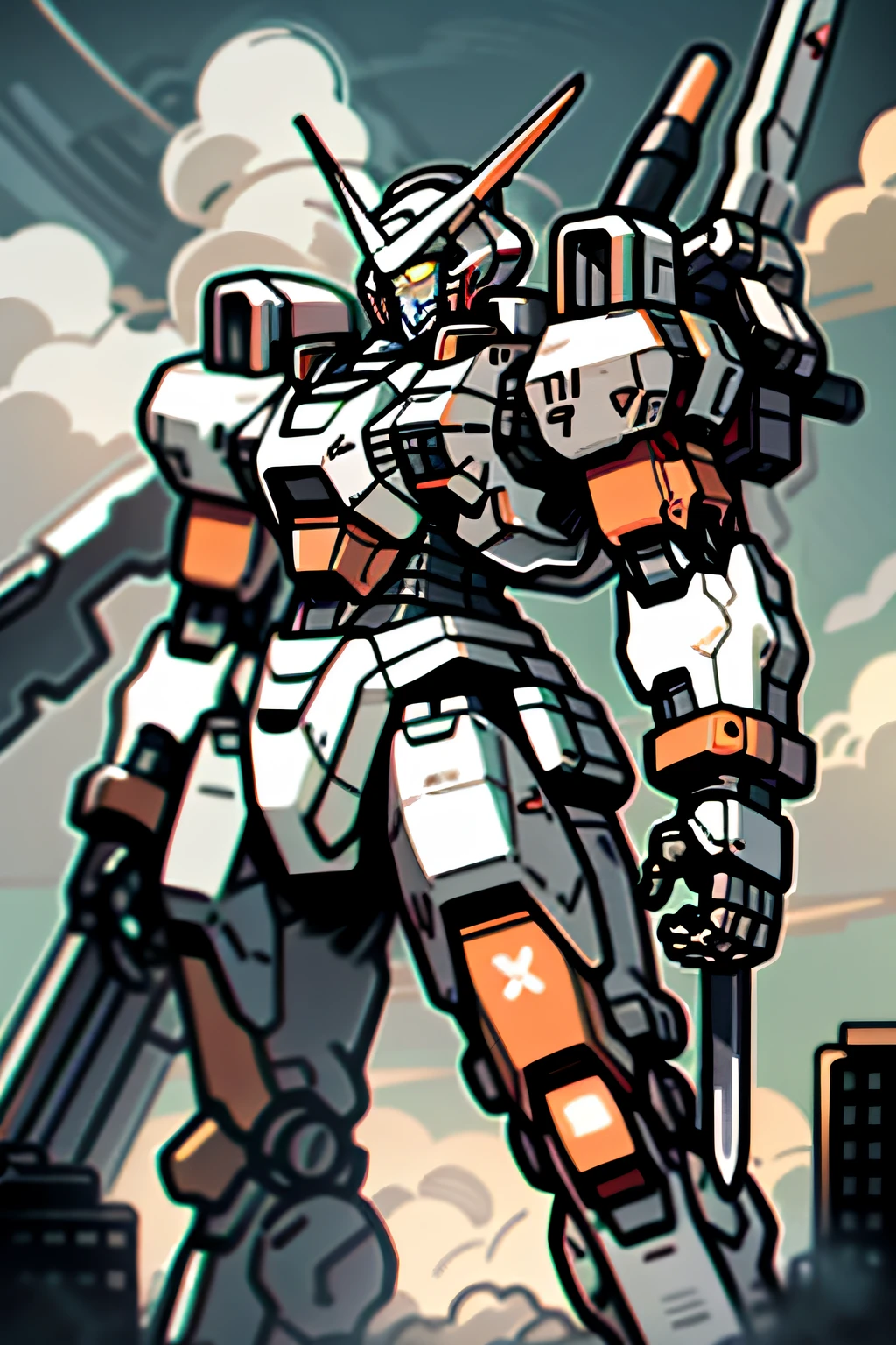 sky, cloud, holding_weapon, no_humans, glowing, robot, building, glowing_eyes, mecha, science_fiction, city, real, mecha, masami ohari, gundam