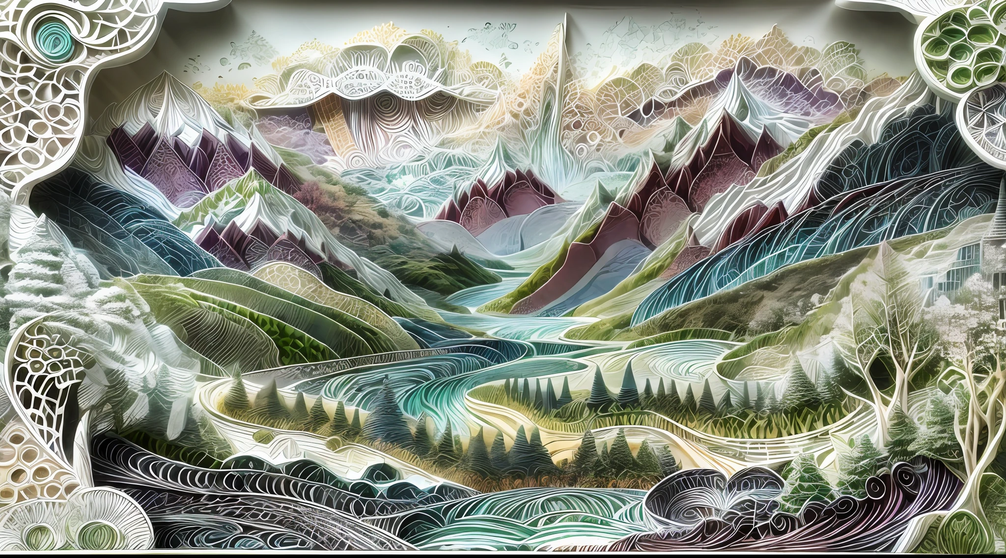 In the spring,with blue sky and white clouds,Green Mountains and Green Water,Thousands of miles of rivers and mountains,White background,paper art,a 3D render,extremely detaile, (zentangle:1.2), (geomerty:1.2),Cinematic lighting effects,4K,Masterpiece,offcial art