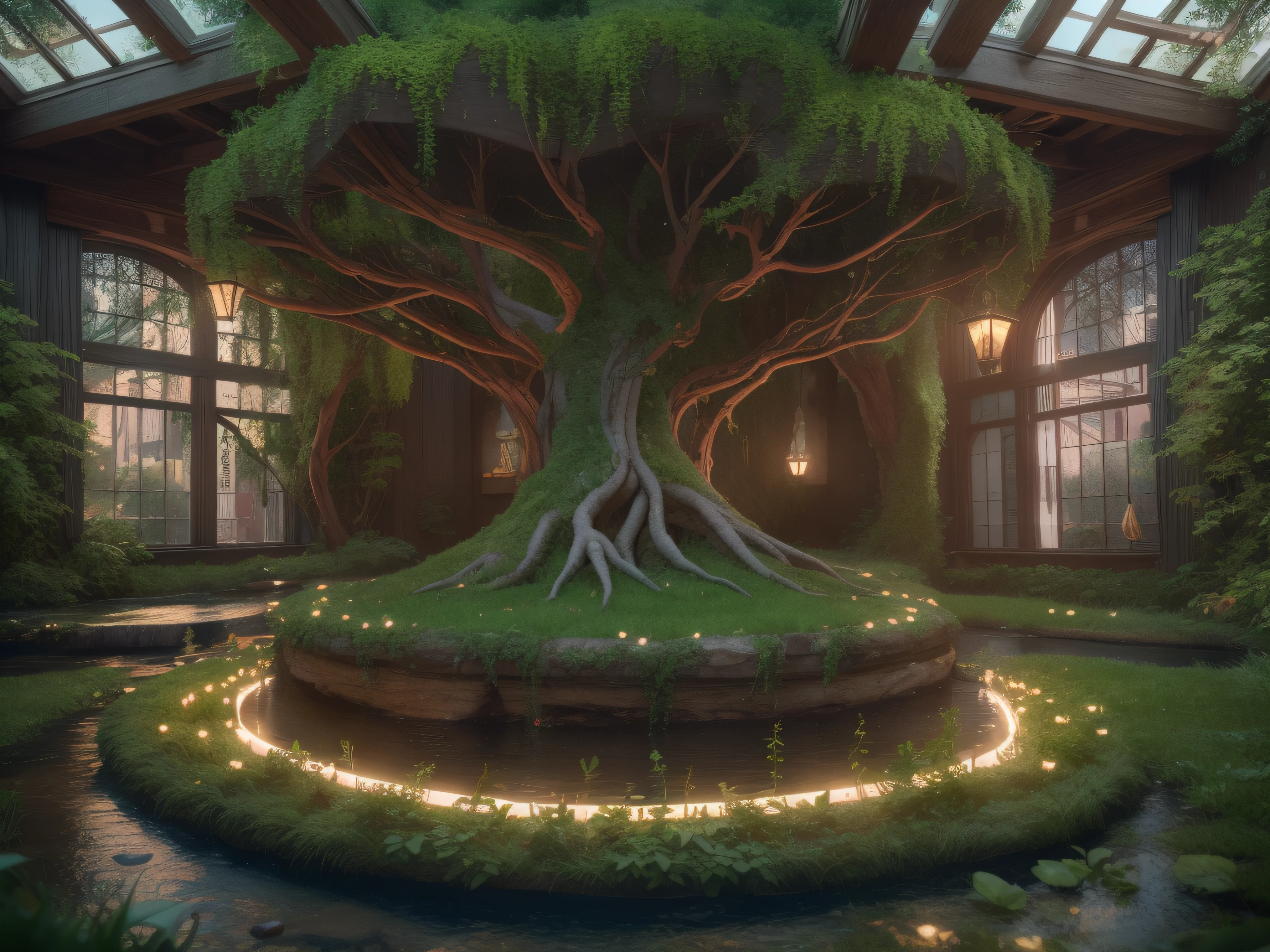 hyperdetailed utiity room with tree and vine emerging from ground of hyperdetailed covered in runes market with a stream flowing through it that glows like low key lighting, cinematic lighting, 8k, unreal engine, octane render, realistic