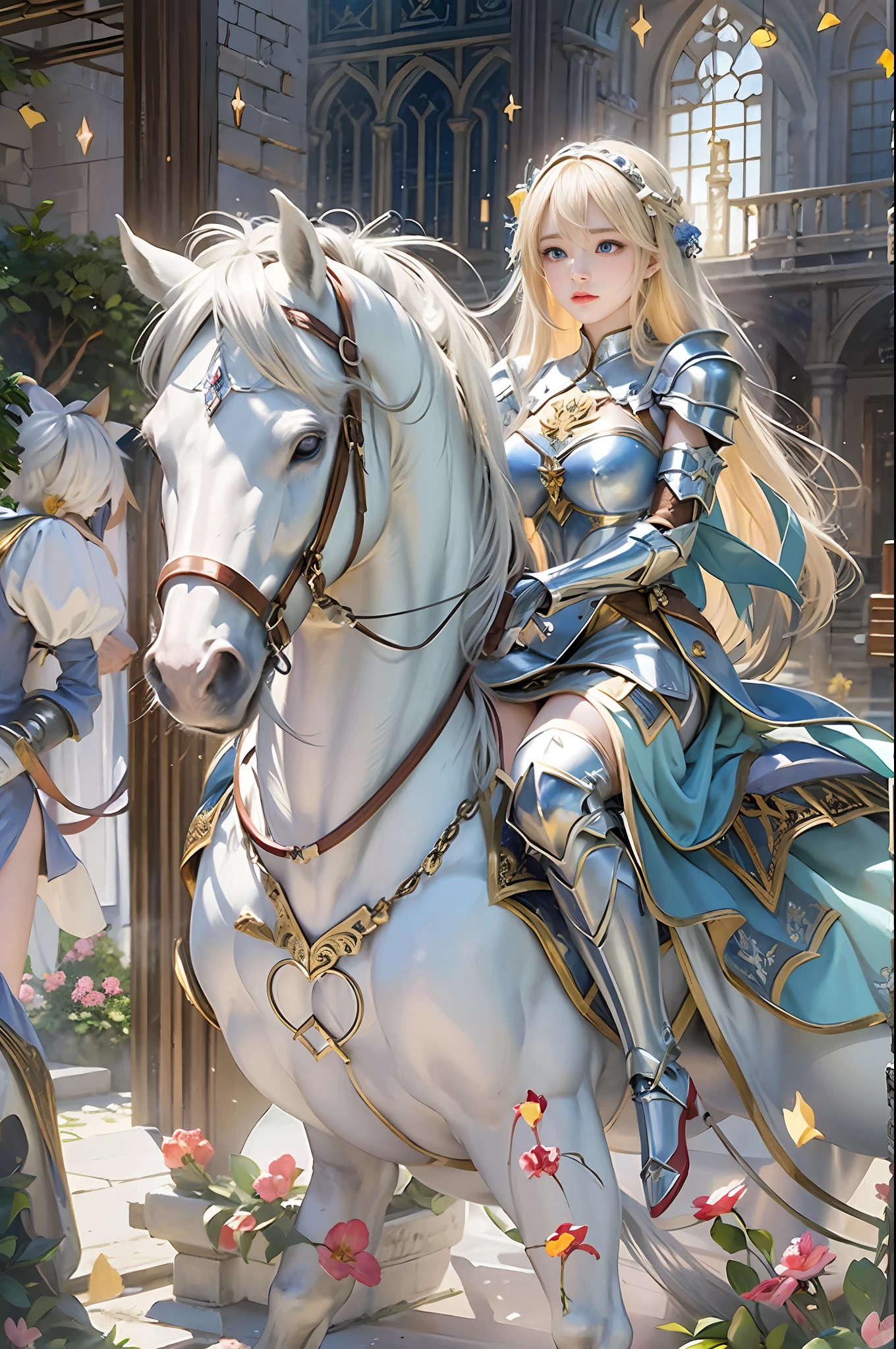 ​masterpiece, top-quality, One Young Woman Knight、Beautiful fece、Rin々Right、beautiful countenance、beautidful eyes、25-years old、((FULL BODYSHOT))、hugging a girl、Girl hugging on her lap、Silver Half Plate and Dress Armor、Gorgeous blonde、long、Blue eyes、thoughtful、White horse、magical fantasy、in isekai、chies、Medieval Europe、((FULL BODYSHOT))、Dynamic angles、