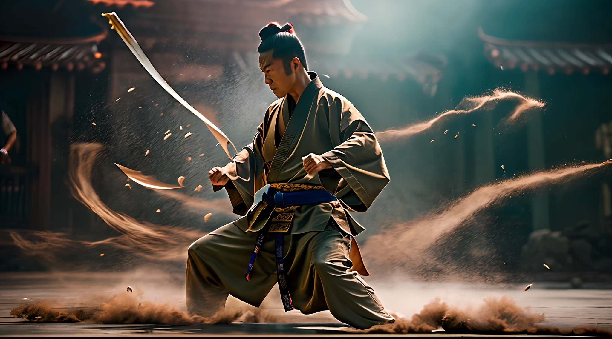 masterpiece, highly detailed, cinematic kungfu fight scene, (martial arts choreography), (fighting arena), (ancient traps and mechanisms), (flying blades), (acrobatic dodging), (kungfu master), intense focus, dripping sweat, powerful strikes, crashing weapons, swirling dust, dynamic angles, gritty texture, high contrast lighting, atmospheric haze, adrenaline rush, wire-fu epic, wuxia cinema, photorealistic rendering, national geographic quality, perfect timing