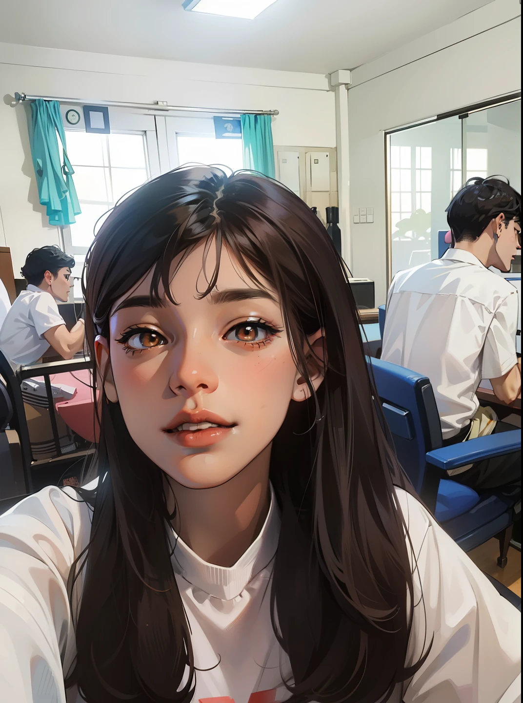 anime girl, brown skin, long hair, wavy black hair, brown eyes, seductive smirk, 18 year old, loli, young child face, filipino, asian