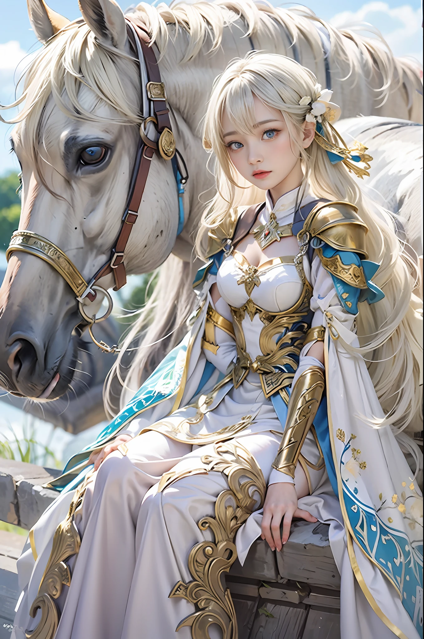 ​masterpiece, top-quality, One Young Woman Knight、Beautiful fece、Rin々Right、beautiful countenance、beautidful eyes、25-years old、((FULL BODYSHOT))、hugging a girl、Girl hugging on her lap、Silver Half Plate and Dress Armor、Gorgeous blonde、long、Blue eyes、thoughtful、White horse、magical fantasy、in isekai、chies、Medieval Europe、((FULL BODYSHOT))、Dynamic angles、