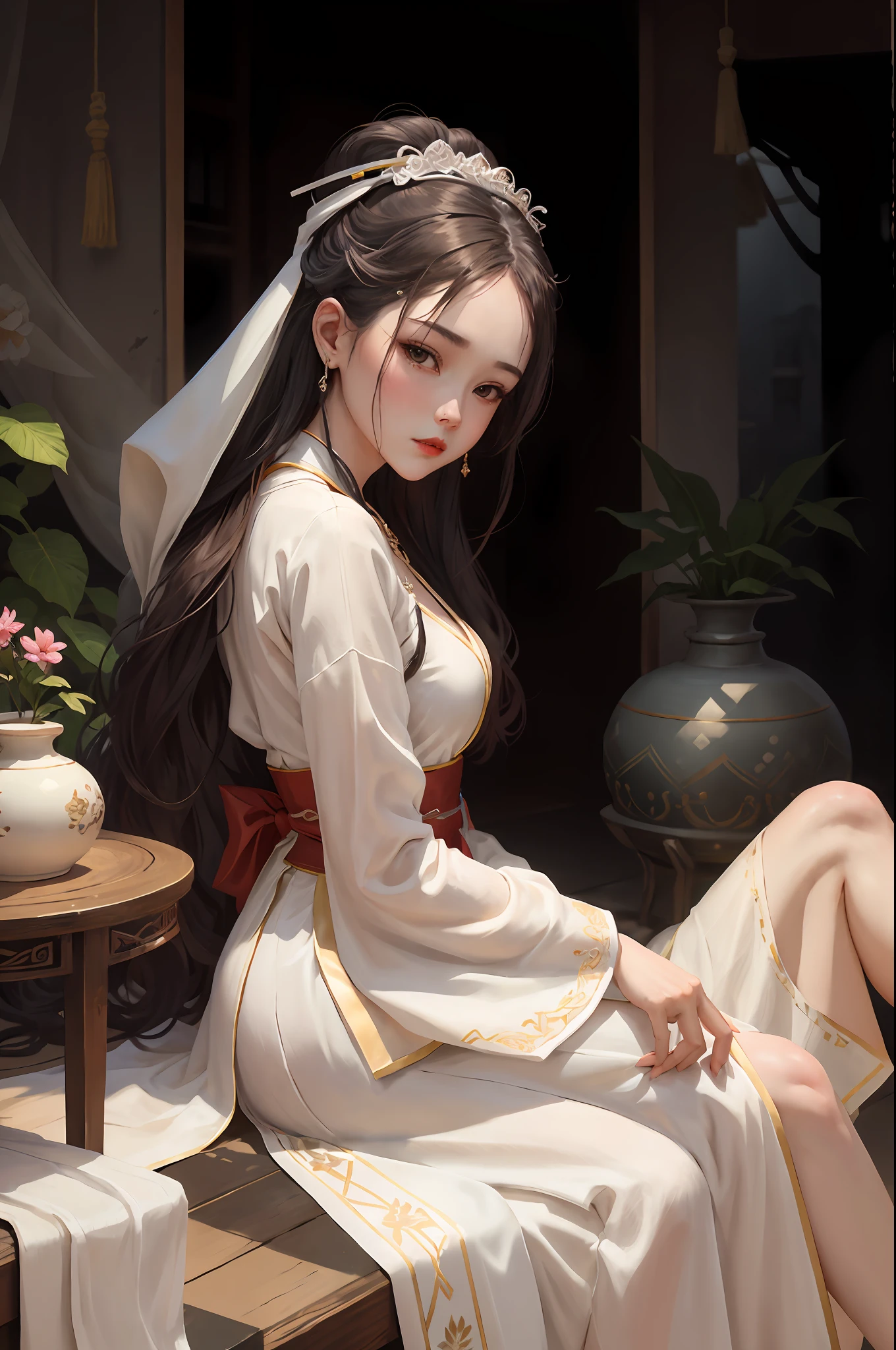 There is a woman sitting on a table with a vase, white skin, melancholy eyes, a palace, a girl in Hanfu, beautiful figure painting, white Hanfu, Hanfu, hair accessories, , looking at the viewer, red lips, skirt, hair accessories, necklaces, jewellery, long hair, earrings, closed mouth, extravagance