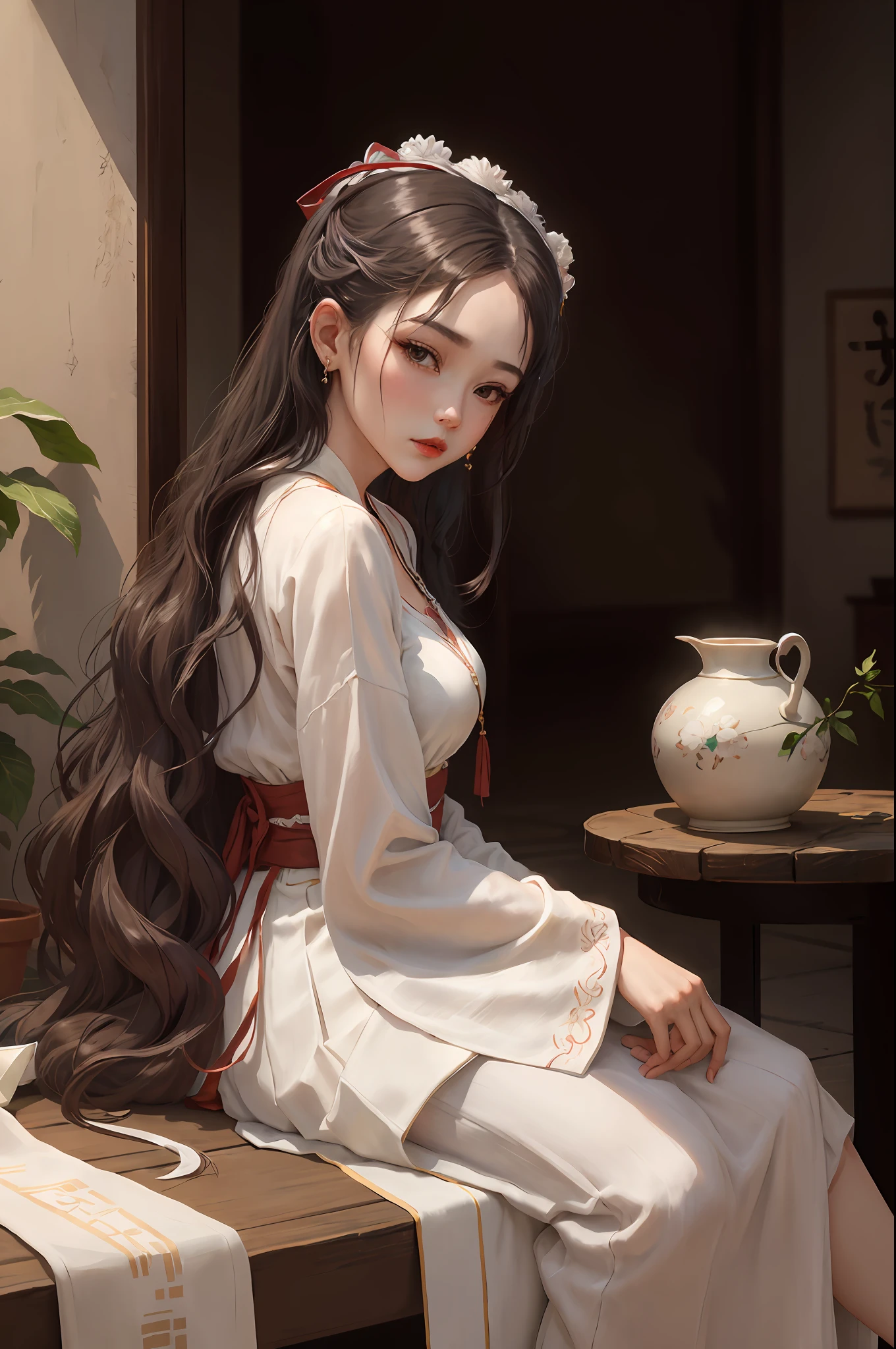 There is a woman sitting on a table with a vase, white skin, melancholy eyes, a palace, a girl in Hanfu, beautiful figure painting, white Hanfu, Hanfu, hair accessories, , looking at the viewer, red lips, skirt, hair accessories, necklaces, jewellery, long hair, earrings, closed mouth, extravagance
