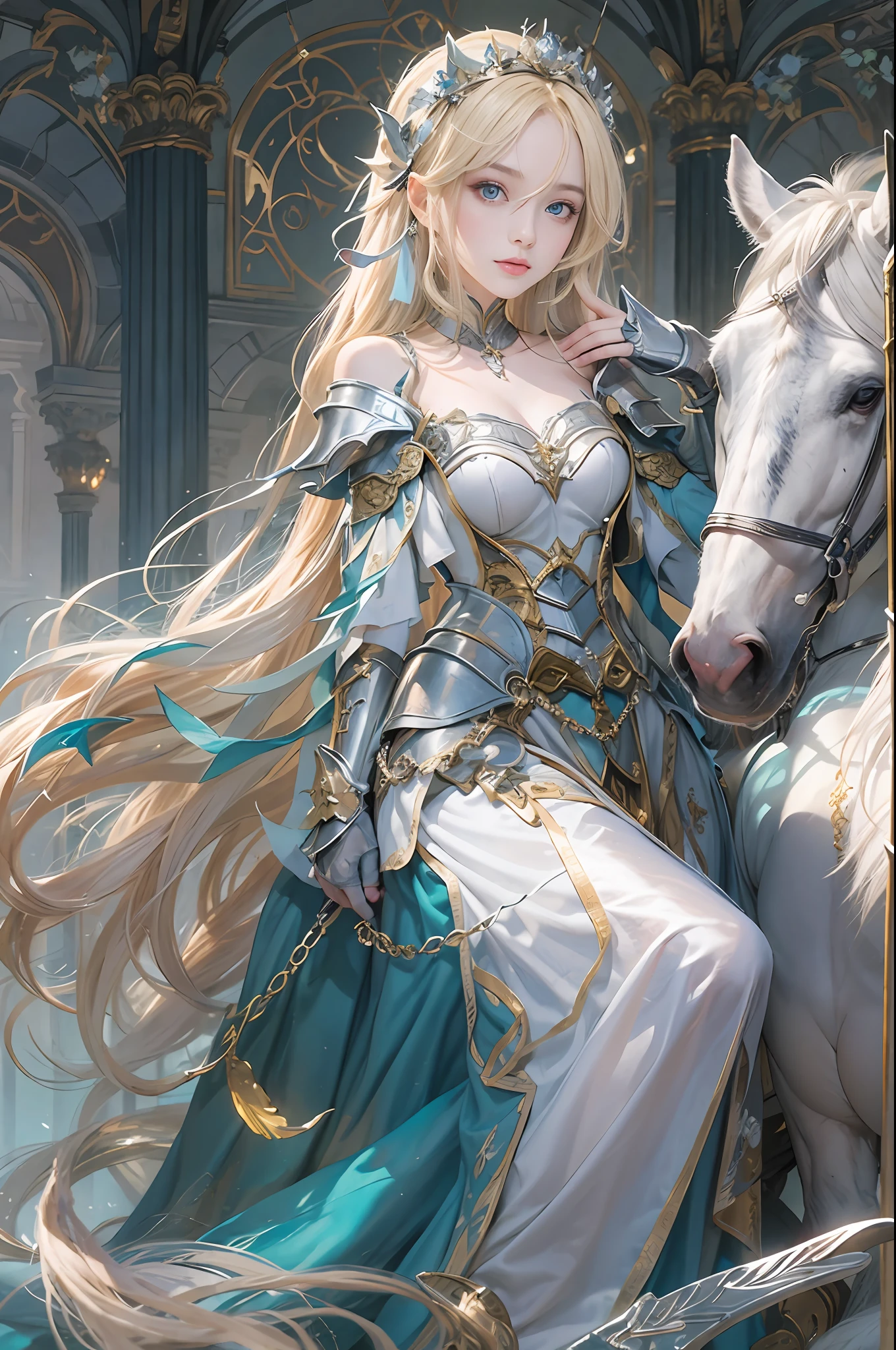 masterpiece, top-quality, One Young Woman Knight、Beautiful fece、Rin々Right、beautiful countenance、beautidful eyes、25-years old、((FULL BODYSHOT))、hugging a girl、Girl hugging in her lap、Silver Half Plate and Dress Armor、Gorgeous blonde、long、Blue eyes、thoughtful、White horse、magical fantasy、in isekai、chies、Medieval Europe、((FULL BODYSHOT))、Dynamic angles、