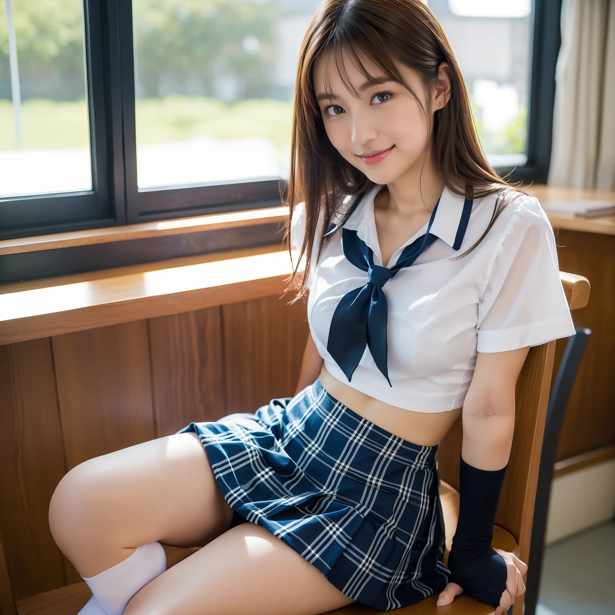 Woman in school uniform leaning on chair, (1.2 (1 Japan schoolgirl posing), Japan school uniform, Japan school uniform, Japan girl uniform, cute schoolgirl, school girl, school uniform, summer clothes, in school classroom, in classroom ((realistic light, top quality, 8K, masterpiece: 1.3)), 1 girl, Japan woman, slim beautyAbs: 1.4, Abs: 1.1, (brown hair, middle breast: 1.3), (brown hair, middle breasts: 1.3), super beautiful face, delicate eyes, double eyelids, smile, short cut, short hair, fair skin, big, long lashes, (Pure white underwear 1.2)), ((Navy blue socks 1.2)), 1 girl, ((white short-sleeved blouse 1.2)), (schoolgirl wearing navy blue socks 1.2)), gingham check pleated skirt, Thin thighs, arms behind back, ((Normal Japan schoolgirl uniform 1.2)), ((Legs spread pose 1.3)), solo, two thin legs, full body photo