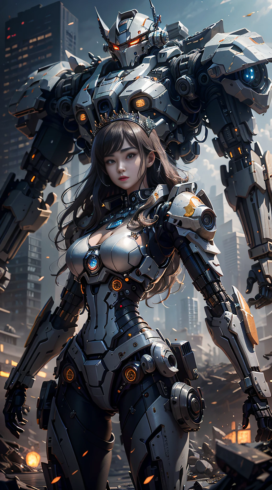 ((Best Quality)), ((Masterpiece)), (Very Detailed: 1.3), 3D, Shitu-mecha, Beautiful cyberpunk woman wearing crown with her mecha in ruins of a city in forgotten war, long silver hair, sci-fi technology, HDR (High Dynamic Range), ray tracing, nvidia RTX, super resolution, unreal 5, subsurface scattering, PBR texture, post-processing, anisotropic filtering, depth of field, maximum sharpness and sharpness, multi-layered texture, Albedo and specular mapping, surface shading, accurate simulation of light-material interactions, perfect ratios, octane rendering, duotone lighting, low ISO, white balance, rule of thirds, wide aperture, 8K RAW, high efficiency sub-pixels, subpixel convolution, luminous particles, light scattering, Tyndall effect