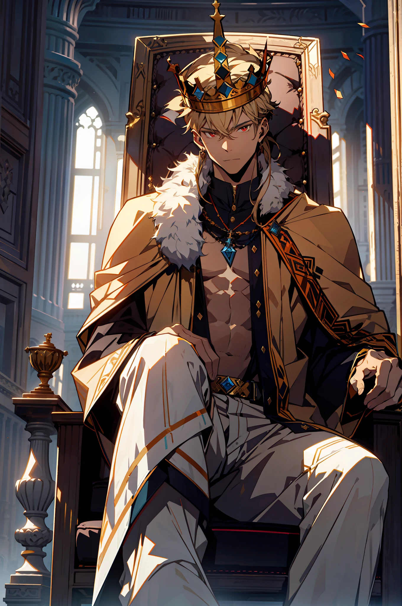 Young man with a crown on his head, kingly air, sitting on a throne with a lion lying at his feet, ornate ornaments, chest muscles, red eyes, blond hair