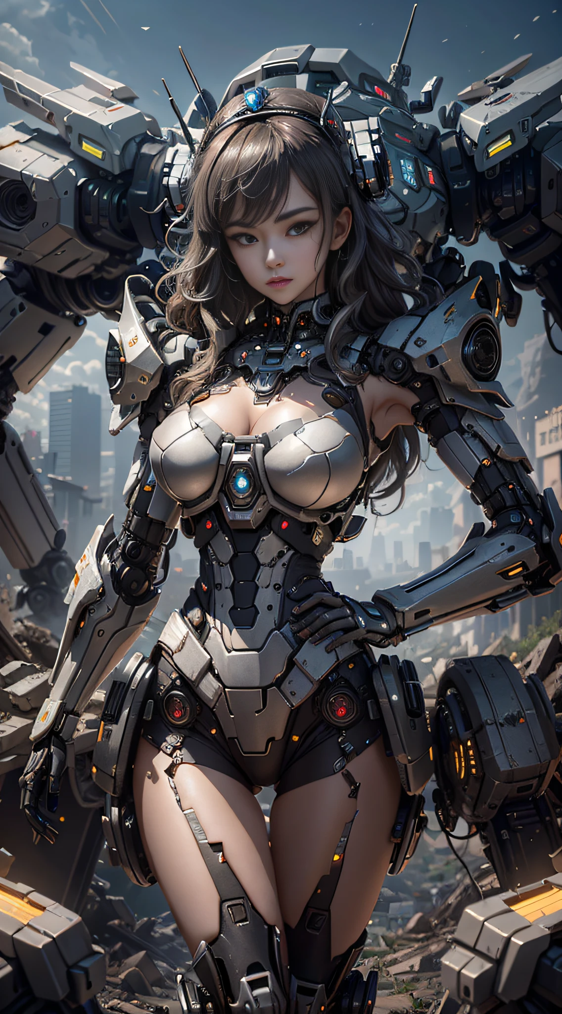 ((Best Quality)), ((Masterpiece)), (Very Detailed: 1.3), 3D, Shitu-mecha, Beautiful cyberpunk woman wearing crown with her mecha in ruins of a city in forgotten war, long silver hair, sci-fi technology, HDR (High Dynamic Range), ray tracing, nvidia RTX, super resolution, unreal 5, subsurface scattering, PBR texture, post-processing, anisotropic filtering, depth of field, maximum sharpness and sharpness, multi-layered texture, Albedo and specular mapping, surface shading, accurate simulation of light-material interactions, perfect ratios, octane rendering, duotone lighting, low ISO, white balance, rule of thirds, wide aperture, 8K RAW, high efficiency sub-pixels, subpixel convolution, luminous particles, light scattering, Tyndall effect