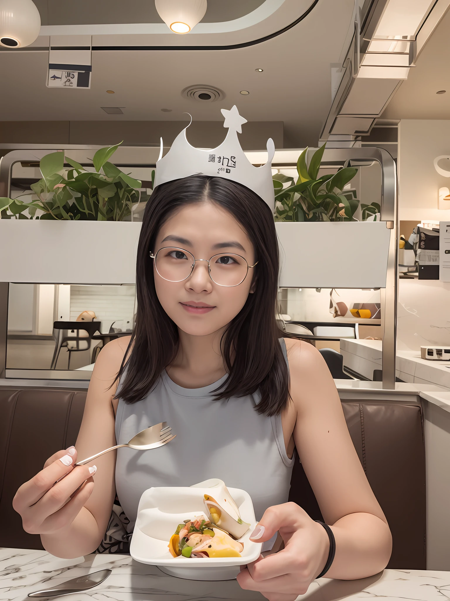 There was a woman sitting at the table,Carrying a plate of food, 2 8 years old, 2 9 years old, 2 7 years old, wearing a paper crown, wenfei ye, floating crown, with crown, 2 3 years old, 3 2 - year - old, 21 years old, 2 4 years old, wears a light grey crown, xintong chen