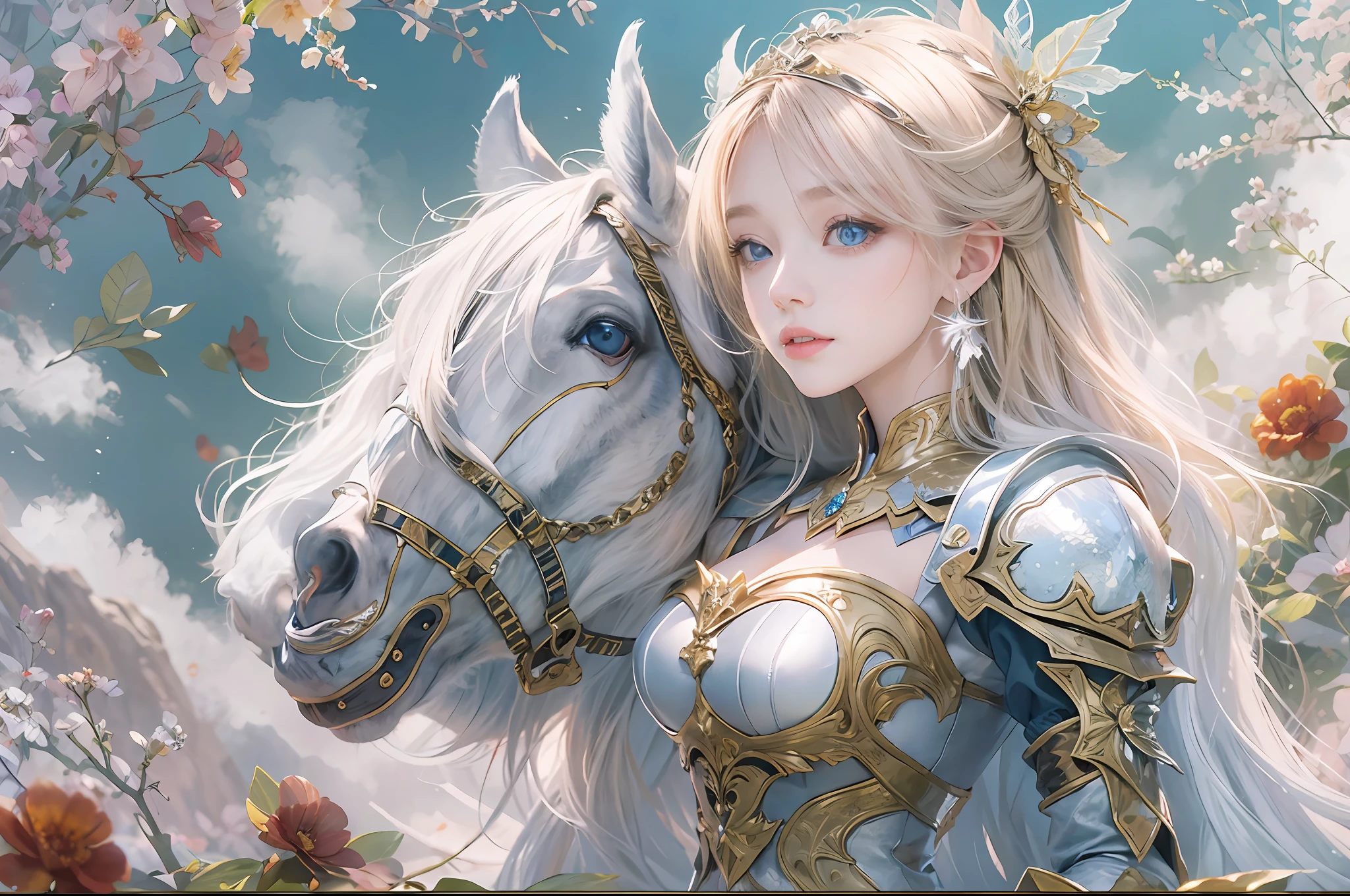masterpiece, top-quality, One Young Woman Knight、Beautiful fece、Rin々Right、beautiful countenance、beautidful eyes、25-years old、((FULL BODYSHOT))、hugging a girl、Girl hugging on her lap、Silver Half Plate and Dress Armor、Gorgeous blonde、long、Blue eyes、thoughtful、White horse、magical fantasy、in isekai、chies、Medieval Europe、((FULL BODYSHOT))、Dynamic angles、
