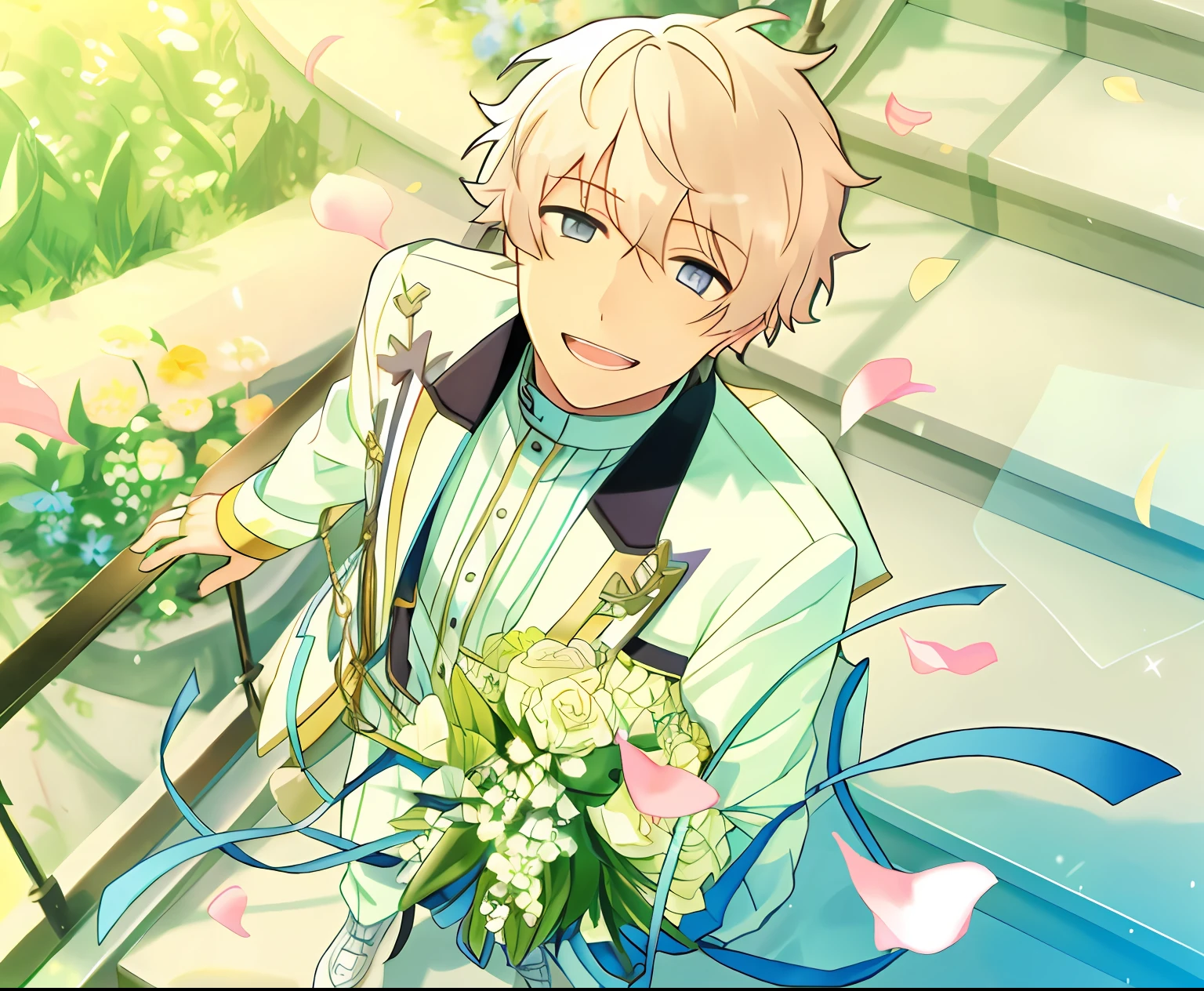 (high-quality, breathtaking),(expressive eyes, perfect face), 1boy, male, solo, short, young boy, short ash blonde, grey eyes, SMILE