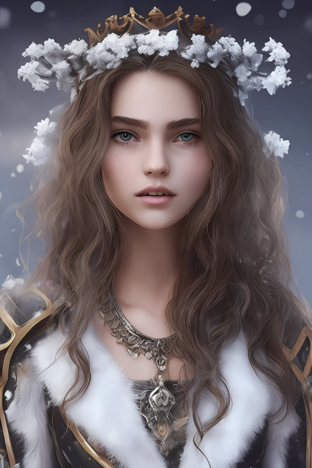 medieval times,Western European style,A teenage girl,Long fiery red curly hair,Silver-gray eyes,Skin wins snow,The lips are like roses,The tail of the eyes droops slightly,long eyelasher,tall nose bridge,Deep facial features,Gorgeous,extremely beautiful,Real Human