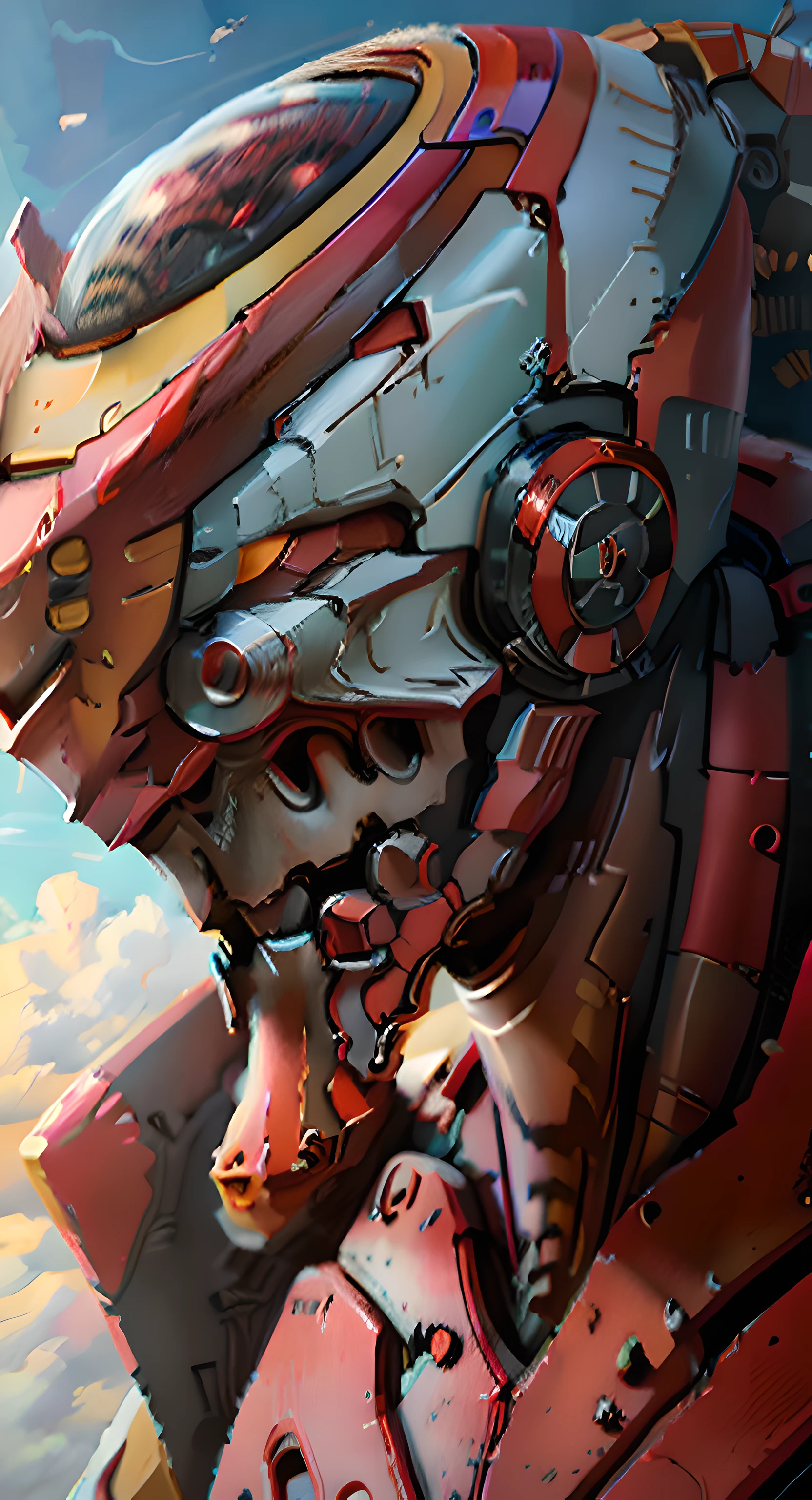 EVA02,Detailed EVA 02,EVA 02 head,close-up all over the body,the sky background,oil painted,最好质量,8K