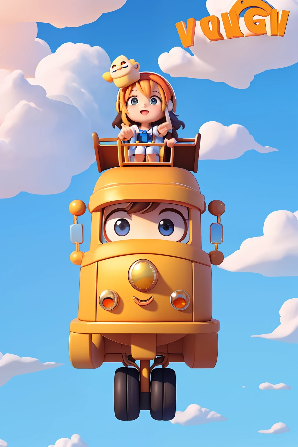 poster for，Blue sky white cloud background Pixar style，3D，Orange cute metallic minecart flying，Small children driving，Cartoon Cute，Lots of detail，The sense of space is obvious，Shock force。