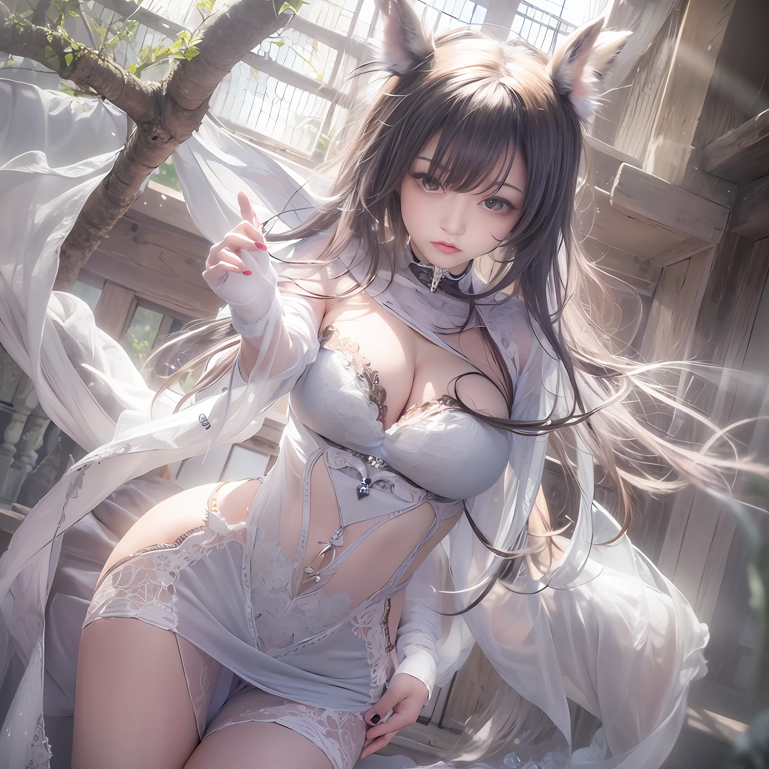 ​masterpiece、超A high resolution、White High Leg、big bast、dynamicposes、(真实感:1.8)、OriginalPhotographs、1girl in、lare breasts、with spreading legs、I close both eyes、Sad face