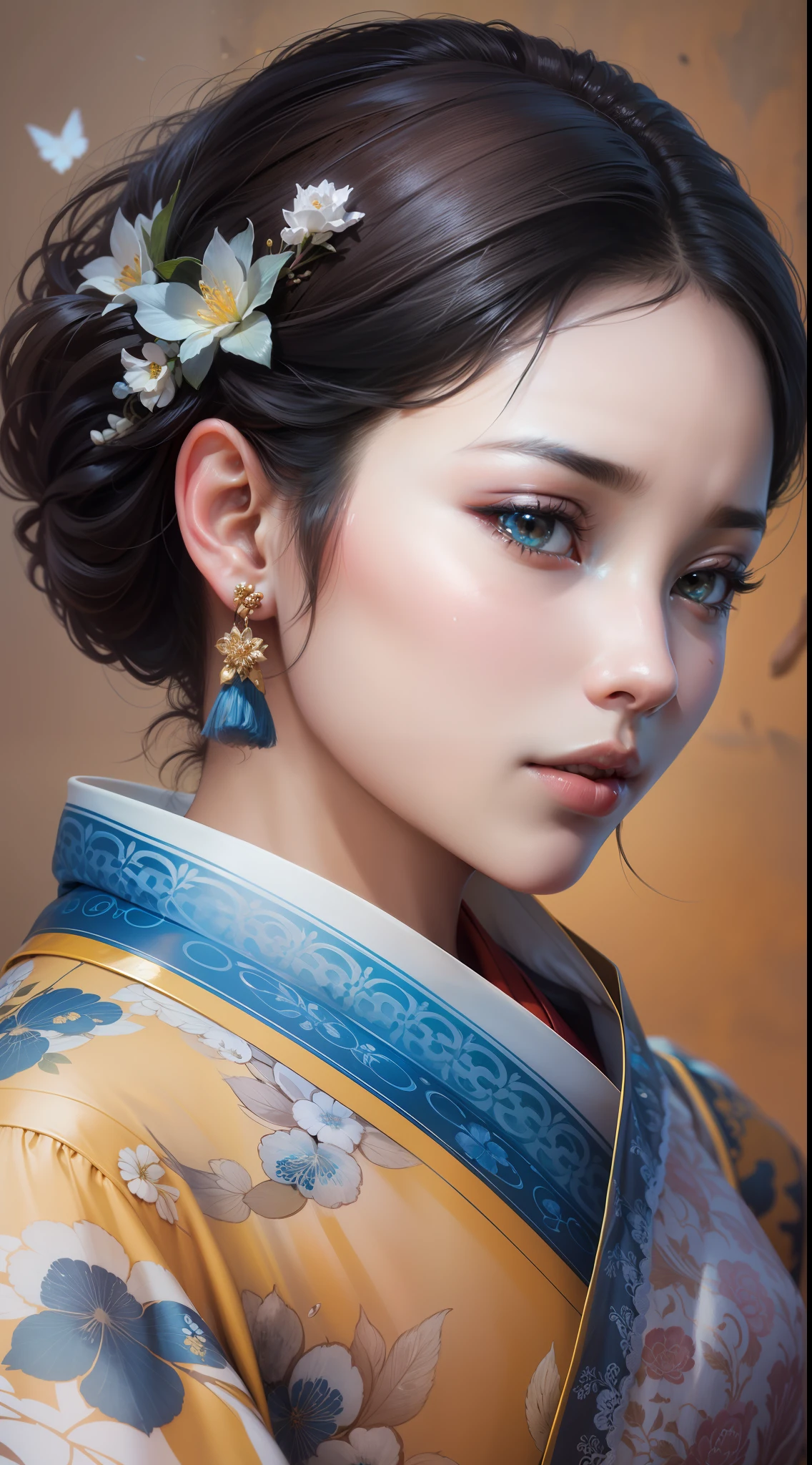 Exquisite and exquisite Chinese beauty,with short black hair,naturally straight hair,Superb sophistication,Good facial features,Peerless beauty,softness,dreamlike quality,Reallightandshadow,Ultra-fine brunette hair,Wear an ice flower dress,She wears a beautiful hair ornament on her head,Delicate melon seed face,Delicate skin,frontage,with blue sky and white clouds,Cover of a,zoom,Collar,Hyper-detailed painting,with light glowing,Natural soft light,复杂,4K,Naturally moving,Realistic,超高分辨率