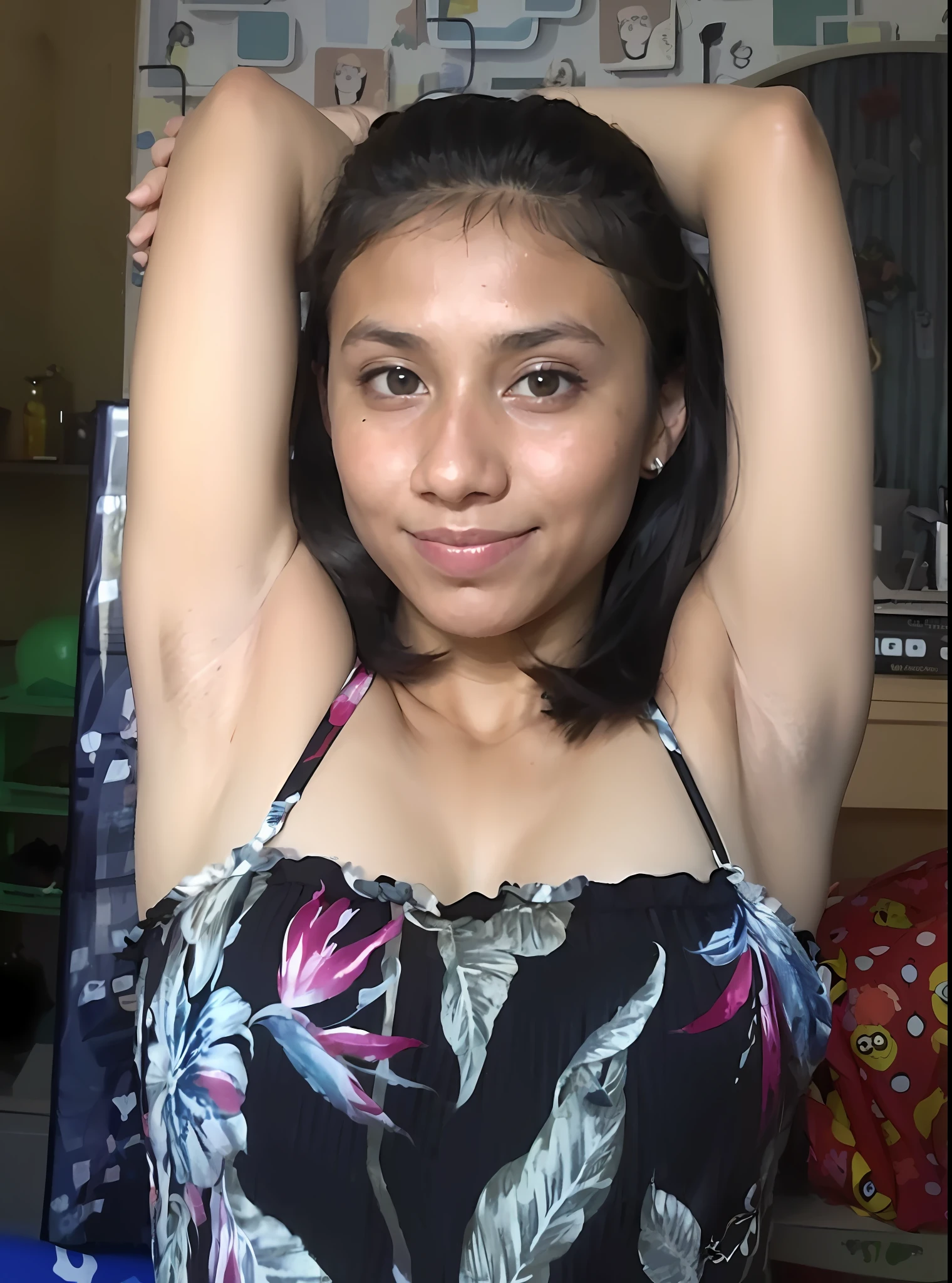 there is a woman that is posing for a picture in a room, armpit, indian girl with brown skin, she is about 1 , hairy arms, with arms up, flat chested, pretty face with arms and legs, posing in a bedroom, sexy girl with dark complexion, she is about 2 0 years old
