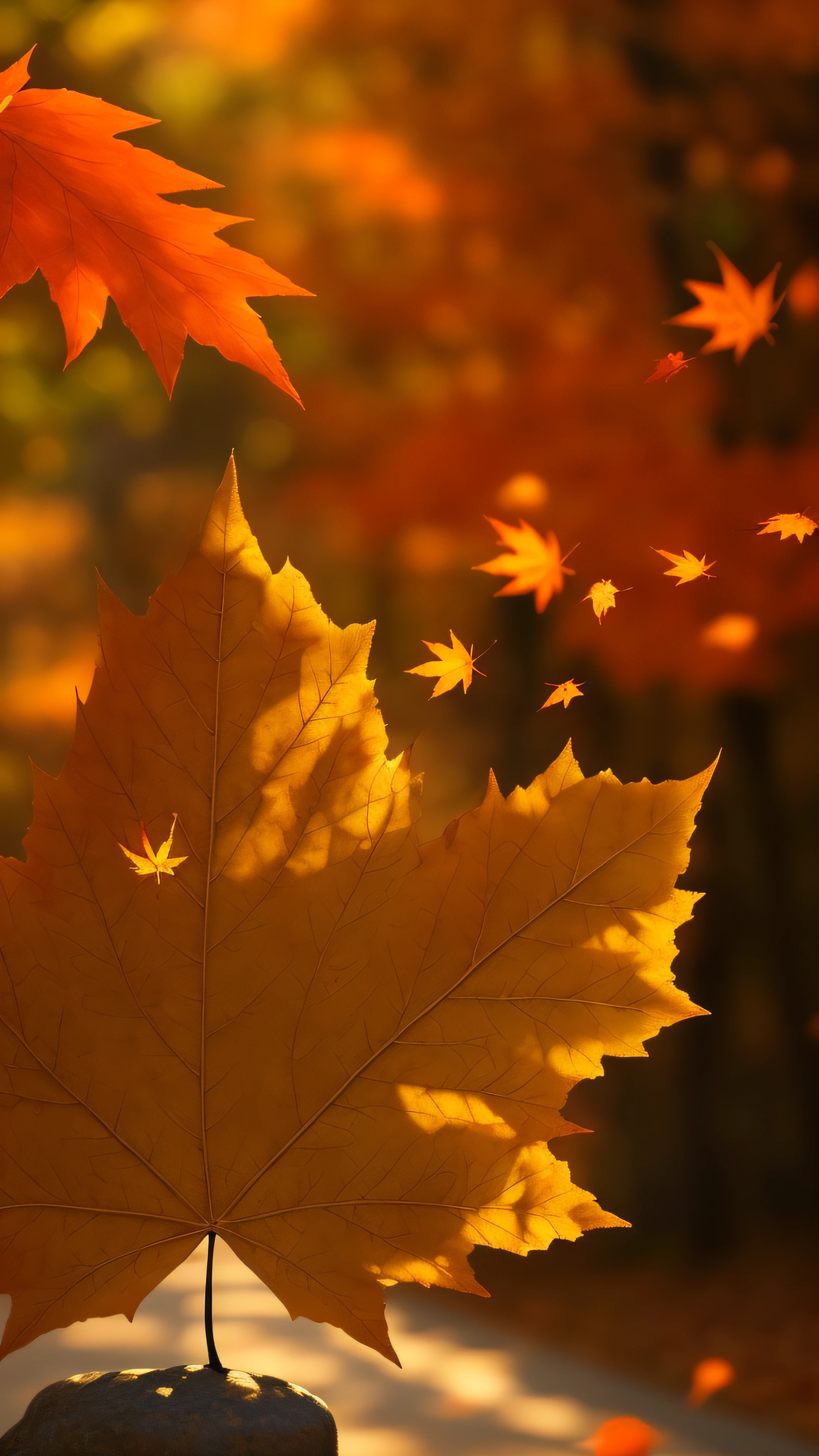 ((Best Masterpiece)), Highest image quality, hyper HD, Realistic, Autumn light and shadow, Light:1.5 maple leaves:1.5, hand painted style, high qulity, Depth of field effect, 8k wallpaper, minimalistic background