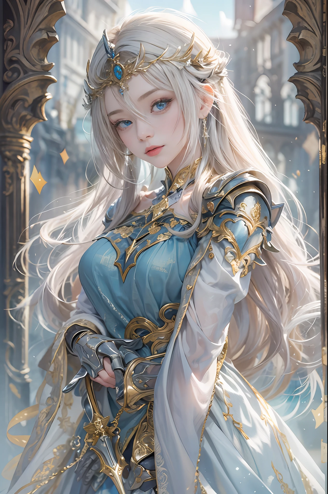 masterpiece, top-quality, One Young Woman Knight、Beautiful fece、Rin々Right、beautiful countenance、beautidful eyes、25-years old、((FULL BODYSHOT))、hugging a girl、Girl hugging in her lap、Silver Half Plate and Dress Armor、Gorgeous blonde、long、Blue eyes、thoughtful、White horse、magical fantasy、in isekai、chies、Medieval Europe、((FULL BODYSHOT))、Dynamic angles、