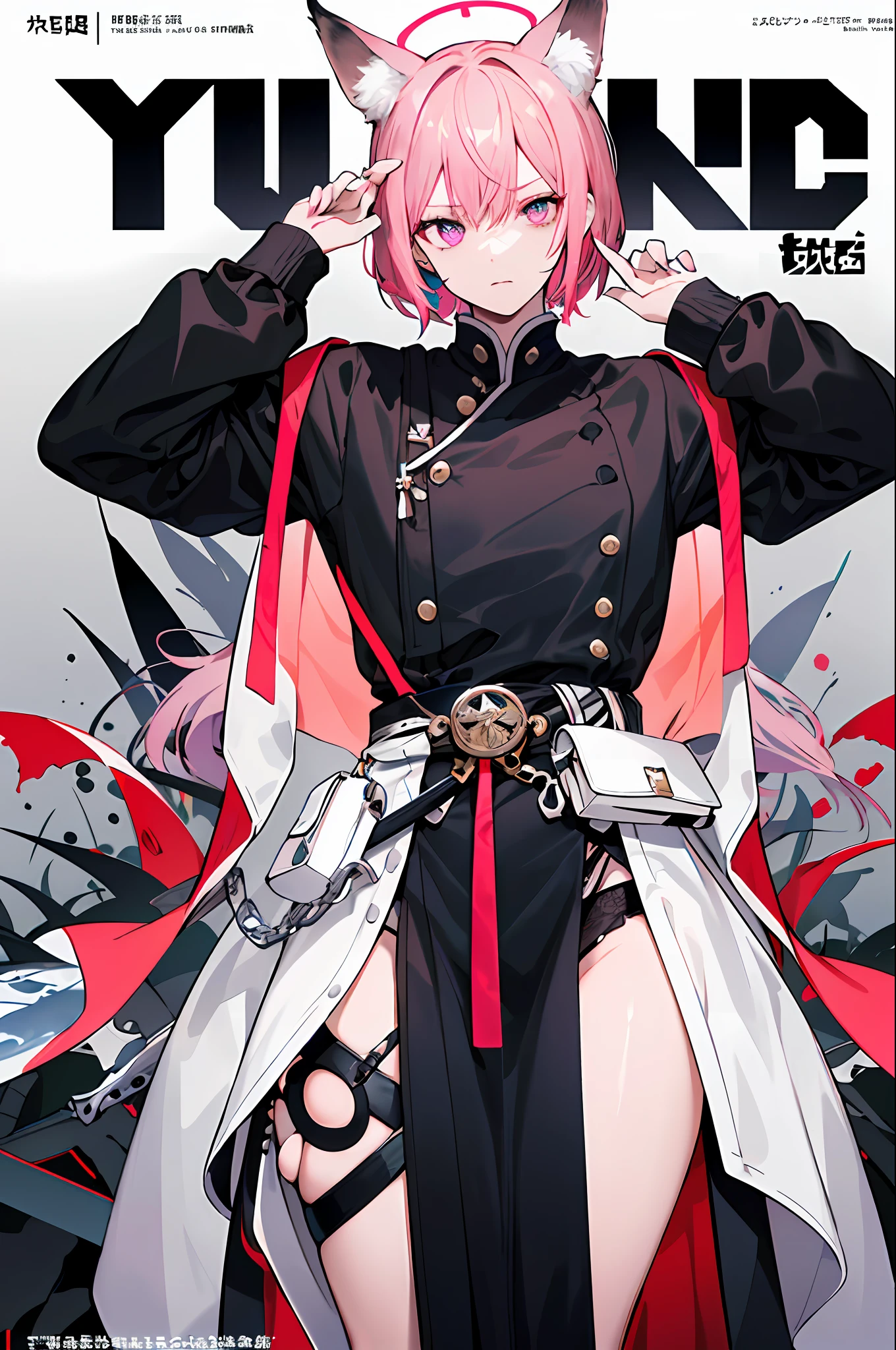 ((((dramatic))), (((gritty))), (((intense))) The movie poster features a young man as the central character。He stands confident in the center of the poster,Short pink hair,a purple eye,There is a pair of fox ears hanging down,Dress in fashion-forward clothing,with a determined expression on her face。The background is dark and gritty,There is a sense of danger and a strong feeling。The text is bold and eye-catching,With catchy slogans,Adds to the overall drama and excitement。The color palette is dominated by dark colors,Dotted with bright colors,Make the poster dynamic and visually striking,tachi-e (magazine:1.3), (cover-style:1.3), fashionable, woman, vibrant, outfit, posing, front,rich colourful,dyna,Background with,element in,self-assured,Expressing the,halter,statement,attachment,A majestic,coil,Runt,Touching pubic area,Scenes,text,Cover of a,boldness,attention-grabbing,titles,Fashionab,typeface,Catchy,titles,more big,smart、moderno、Trendy、focus-on、Fashionab、
