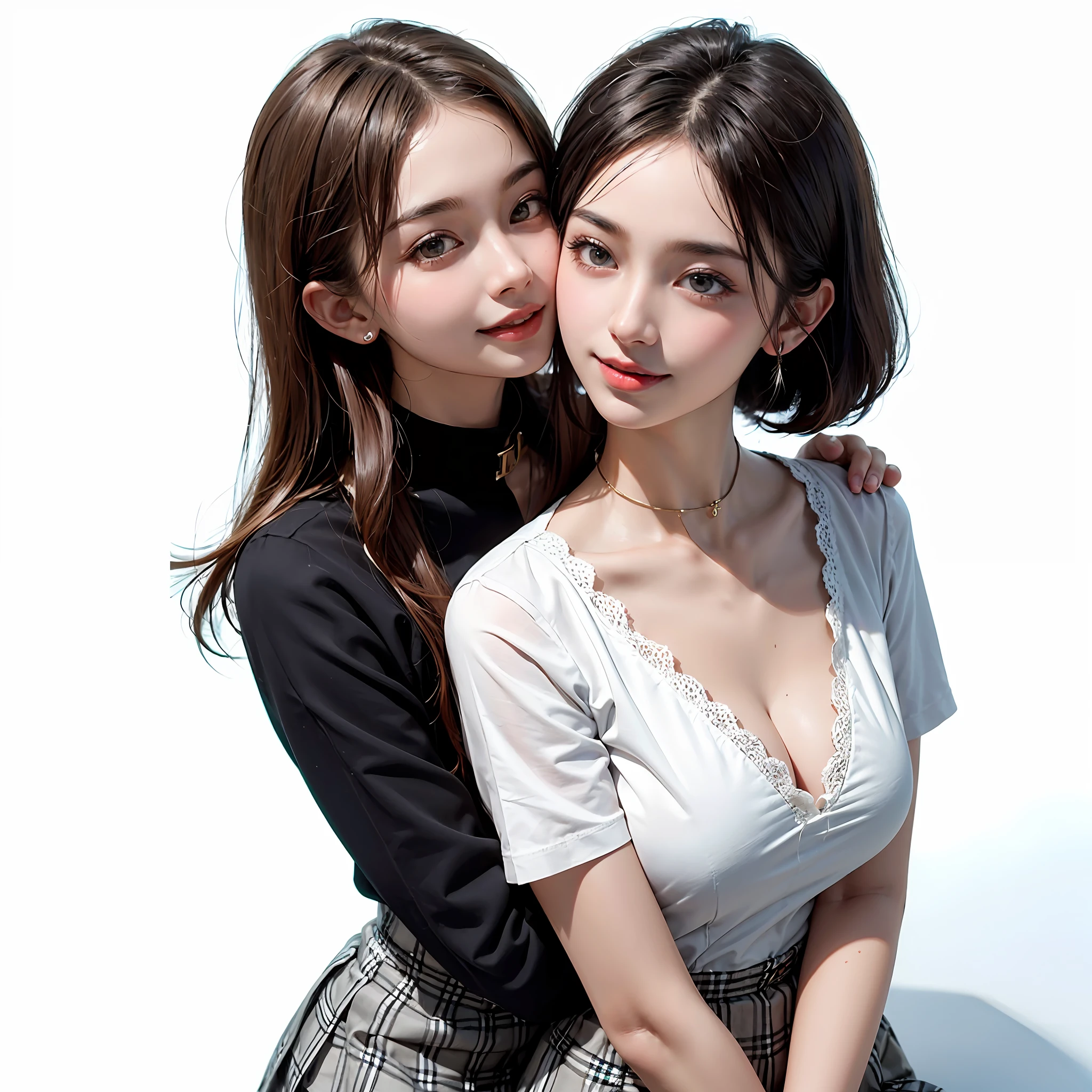Two people facing each other and hugging happily、Two people hugging each other happily、Two people hugging each other tightly、Two people put their cheeks together、Two people touching cheeks with cheeks、Both of them are staring at the camera slightly above、Look firmly at the camera、Lesbian couple、Lily couple、((Bring your cheeks together、30-years old、Both supermodels are 190cm tall、high-angle、Look up at the camera at the top))、Two pretty and pretty girls、masterpiece、top-quality、realisticlying、realisitic、Seductive bright smile、Both of them have short clean hair with bangs、bangss、bangss、Both have short hair、clean hair with bangs、Short sleeve white shirt with collar、White shirt with collar、(Plaid pleated skirt)、enticing eyes、Both have very large breasts、very Bigger breasts、Big ass、big breasts thin waist、(cleavage of the breast)、(Immaculate white background with nothing really)、ighly detailed、Very tall、neck long、the neck is long、Straighten your back、Put your ears out、Highlights in the eyes、lipgloss、glowy skin、White-colored skin、Clean collarbone、closes mouth、Close your mouth and smile、Happily、Nice proportions、lovely、Charming and endearing、Colorful random collar shirt、Colorful random color skirt、Do not add shadows、No shadows、No shadows on the face、natural soft light、natural soft light、Gentle light