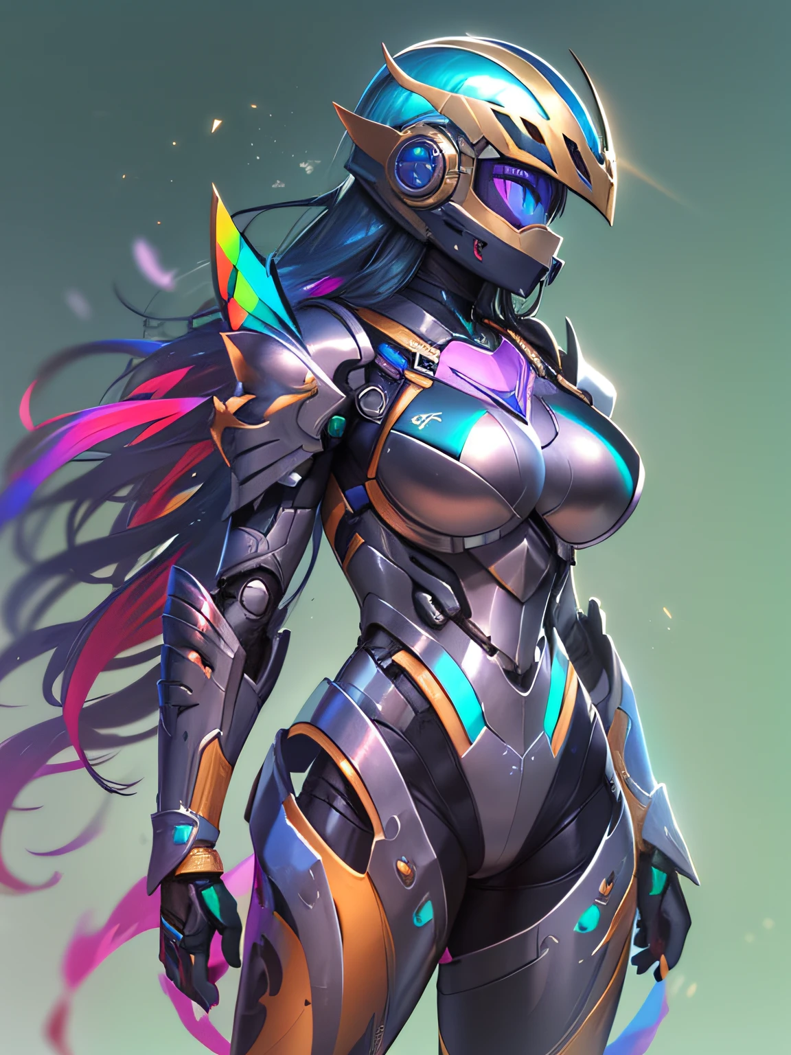 Female RoboCop、Armor that completely covers the whole body、very large chest-shaped chest armor,,Fitness Model,Chest-shaped chest armor、Helmet to hide your eyes、Rainbow armor、Armor that completely covers the chest、Slender and long legs、Vibrant poses、full-body view
