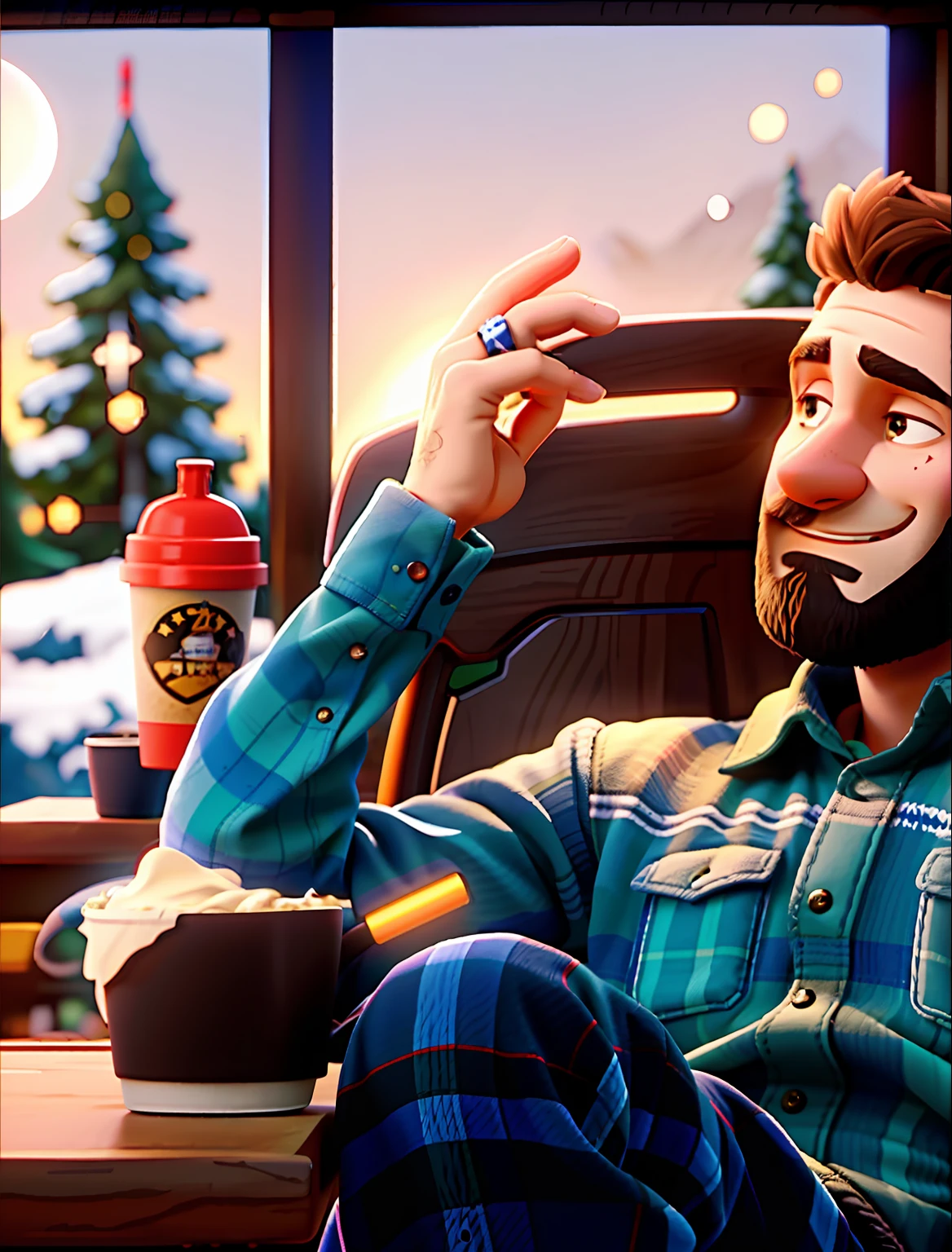 A very patriotic Canadian male,He has a beard all over his face, Wearing robes, Buffalo plaid flannel, Jeans and some brown Timberland boots, As he held Tim Hortons' red coffee cup, Reach out and cheer to the camera, In the snowy mountain nature, Blurred background, Moose in the background, deers, Bears, Shallow depth of field, Cinematic light, Soft light, The light from the back window is backlighted, micro details, Photorealism, Photorealistic, Cinematic, 85mm 1.4